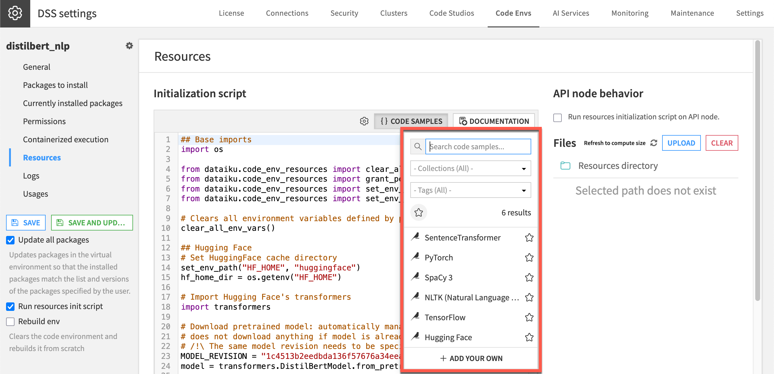 Dataiku screenshot of a code environment's Resources panel.