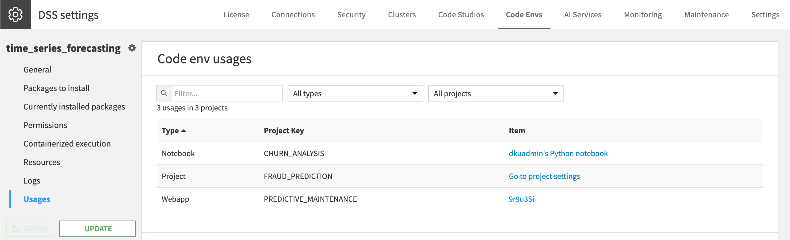 Dataiku screenshot of the Usages panel of a code environment.
