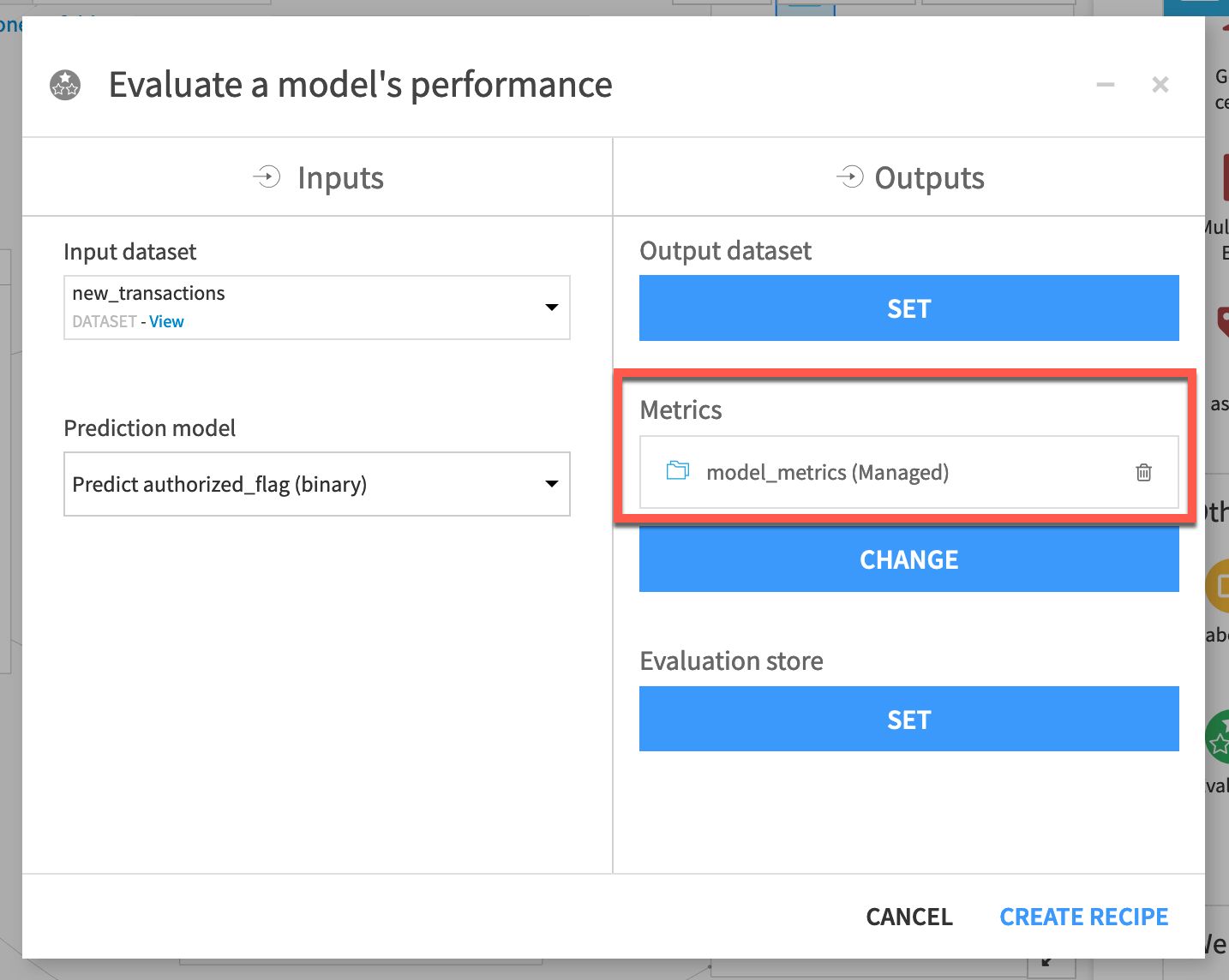 Dataiku screenshot of the dialog for an Evaluate recipe highlighting the metrics dataset option.