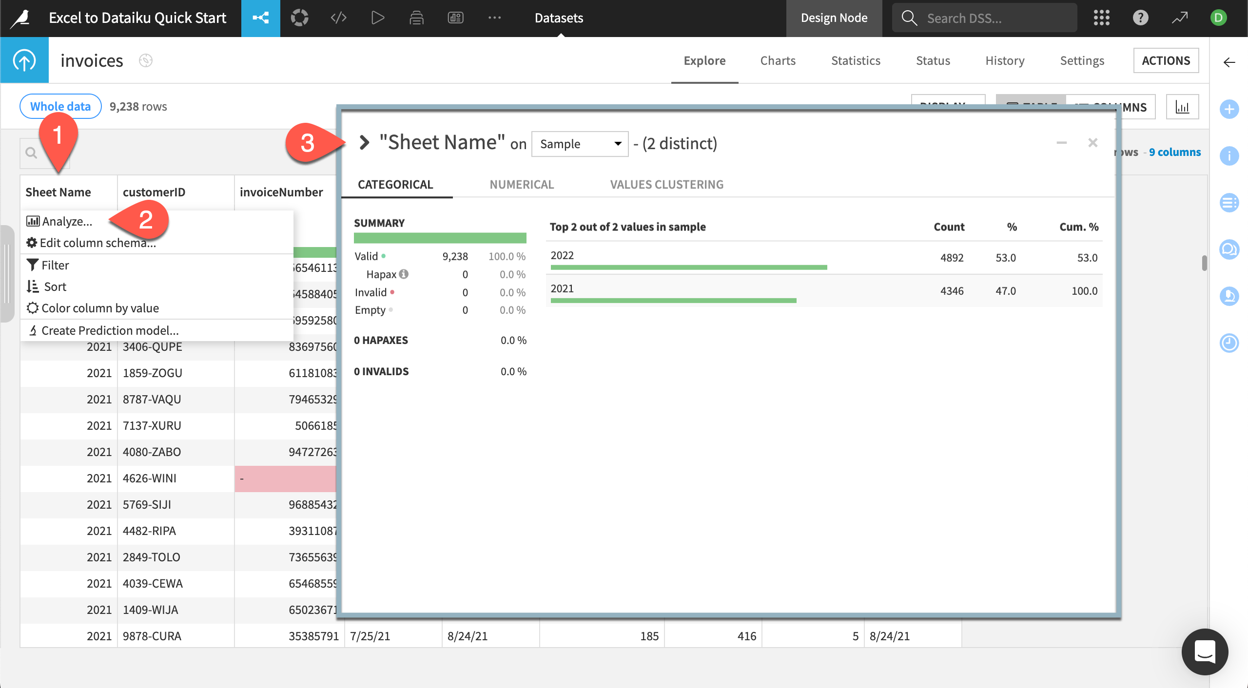 Dataiku screenshot showing the column name dropdown and the analyze option.