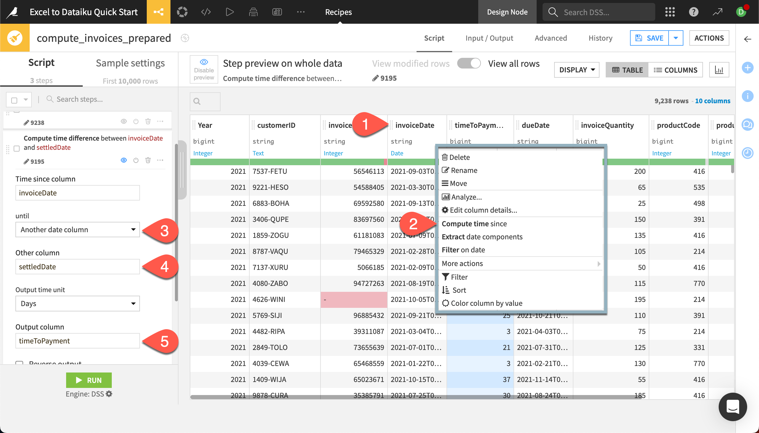 Dataiku screenshot showing steps in the compute time difference processor.