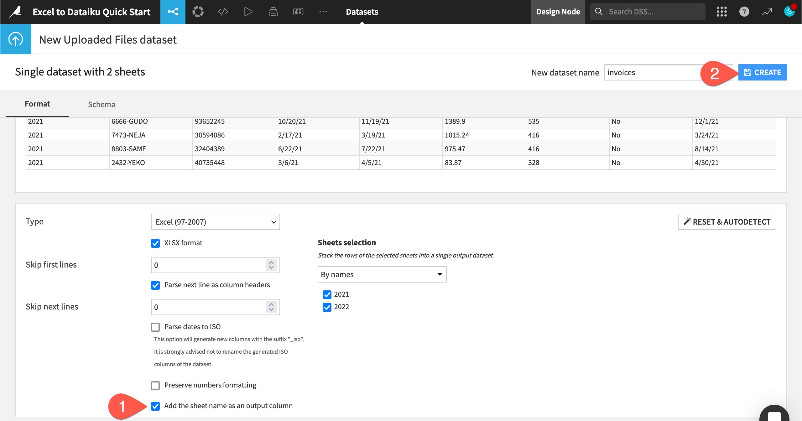 Dataiku screenshot showing the configure format step.