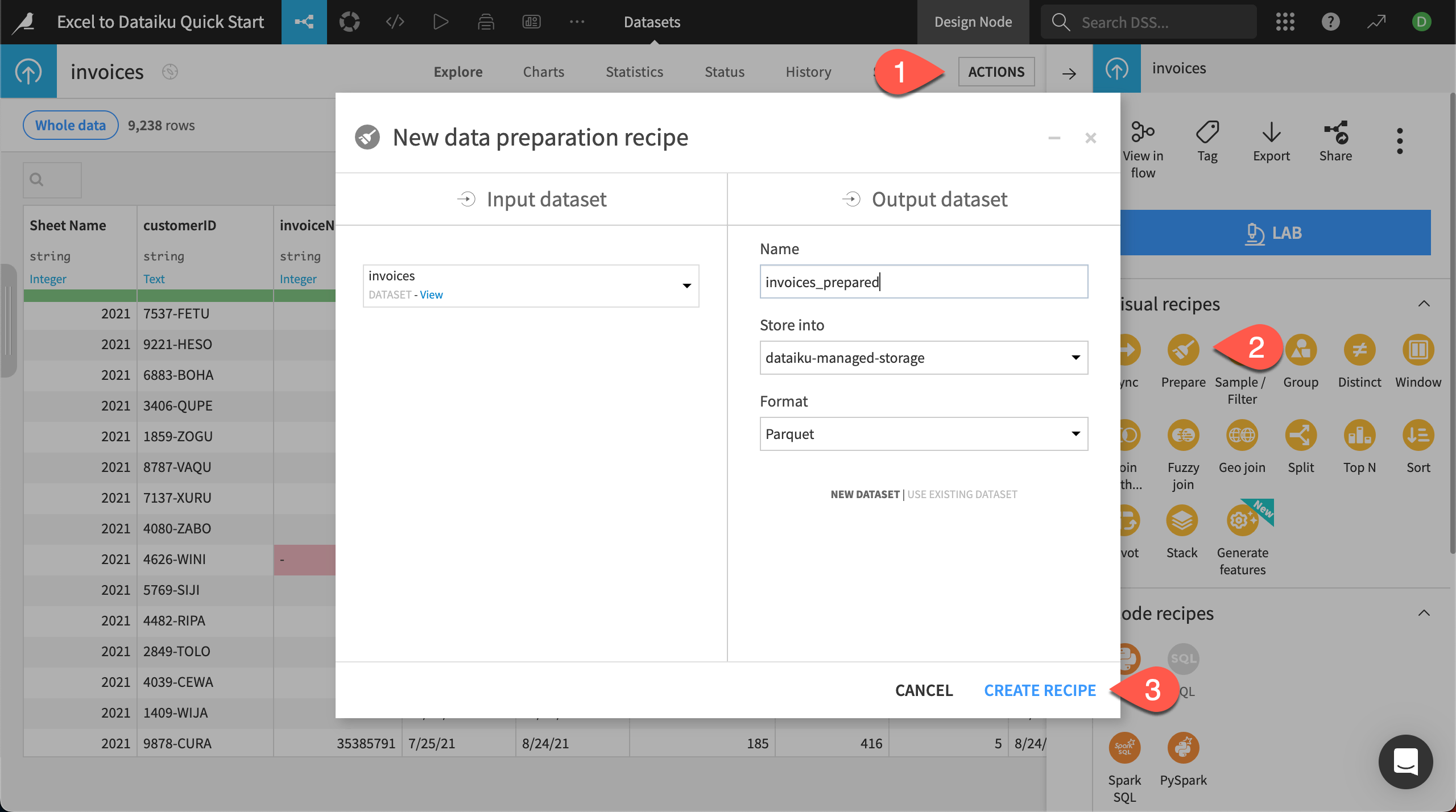 Dataiku screenshot showing the steps to create a Prepare recipe.