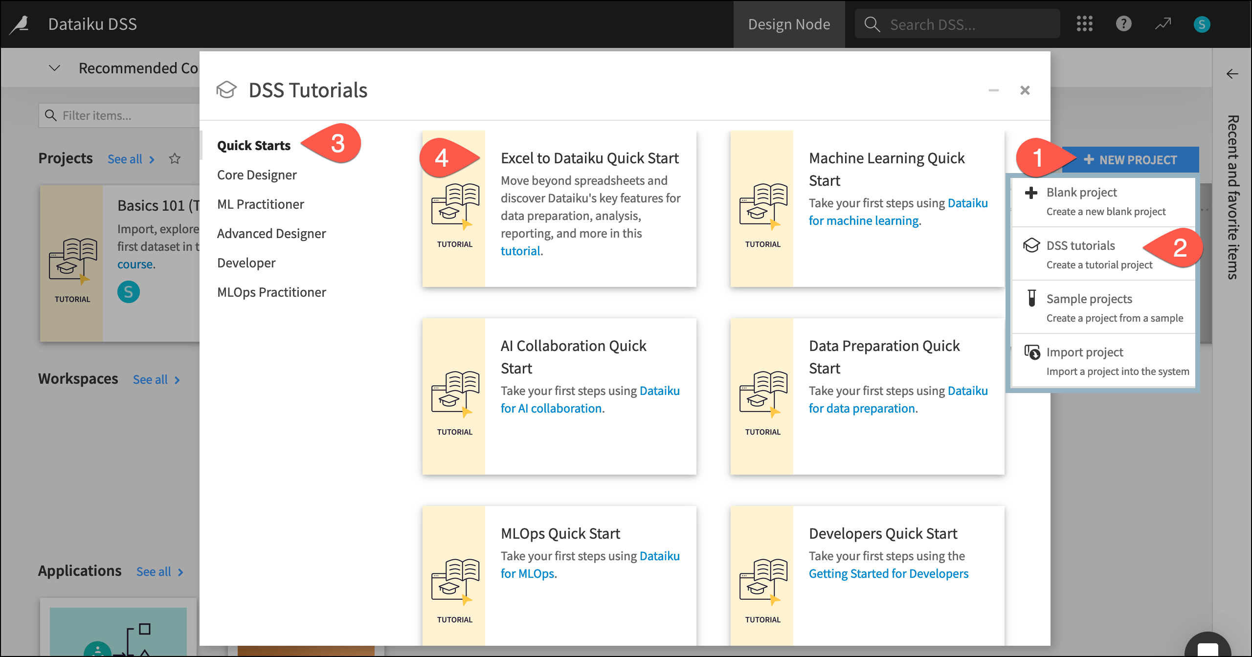Dataiku screenshot showing steps to create a new project.