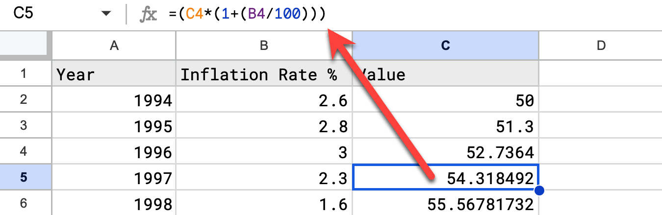 A screenshot of sheets file that shows the formula of a cell.