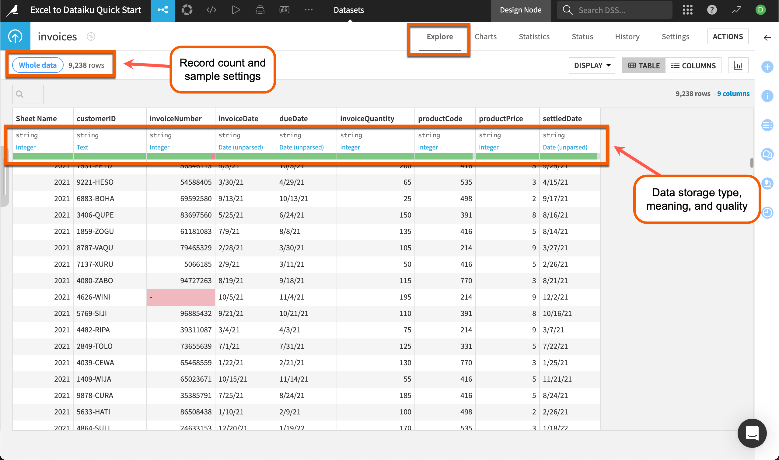 Dataiku screenshot of the dataset Explore tab highlighting the record count and data quality bar.