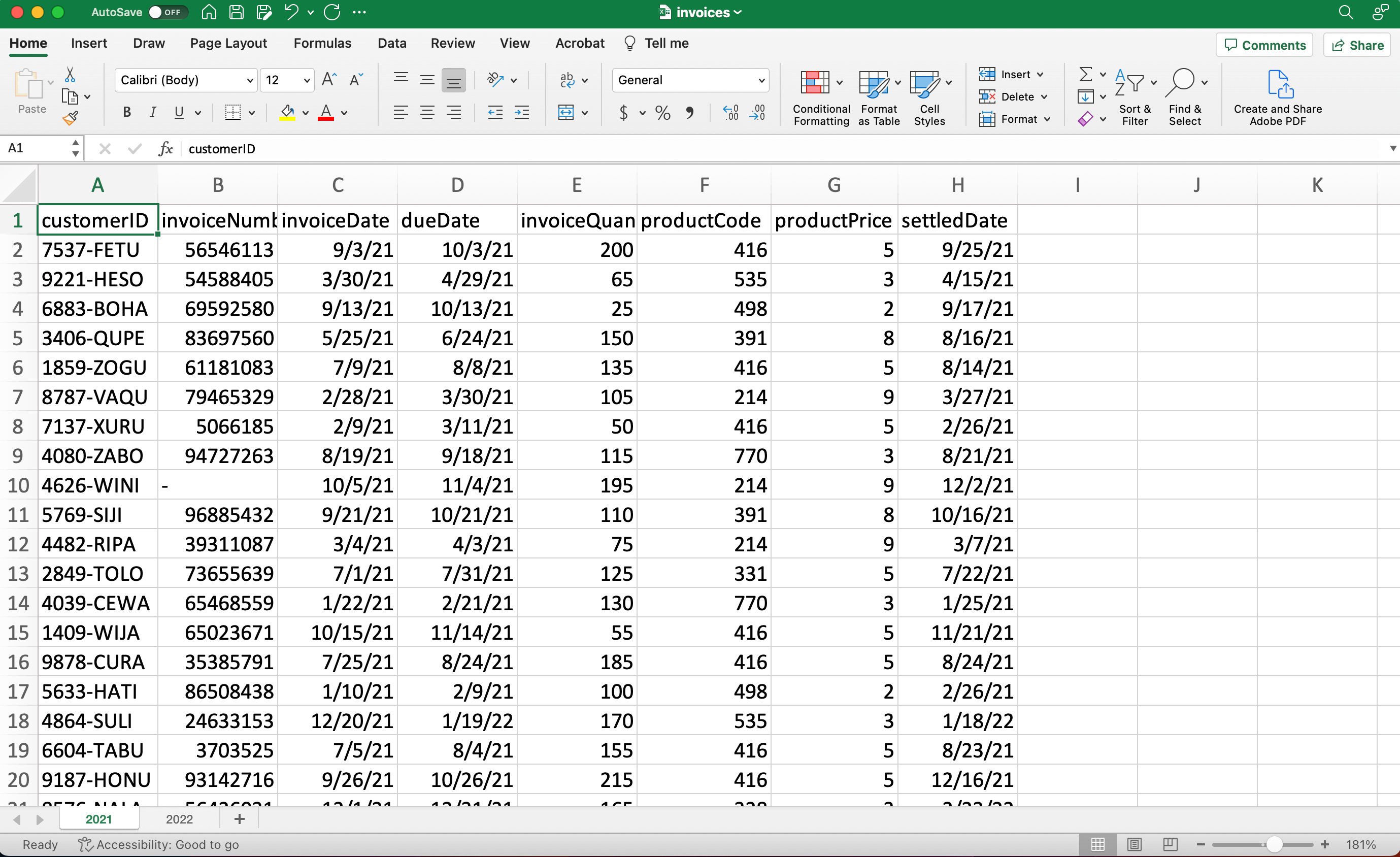 Excel screenshot of the invoices file with two sheets.