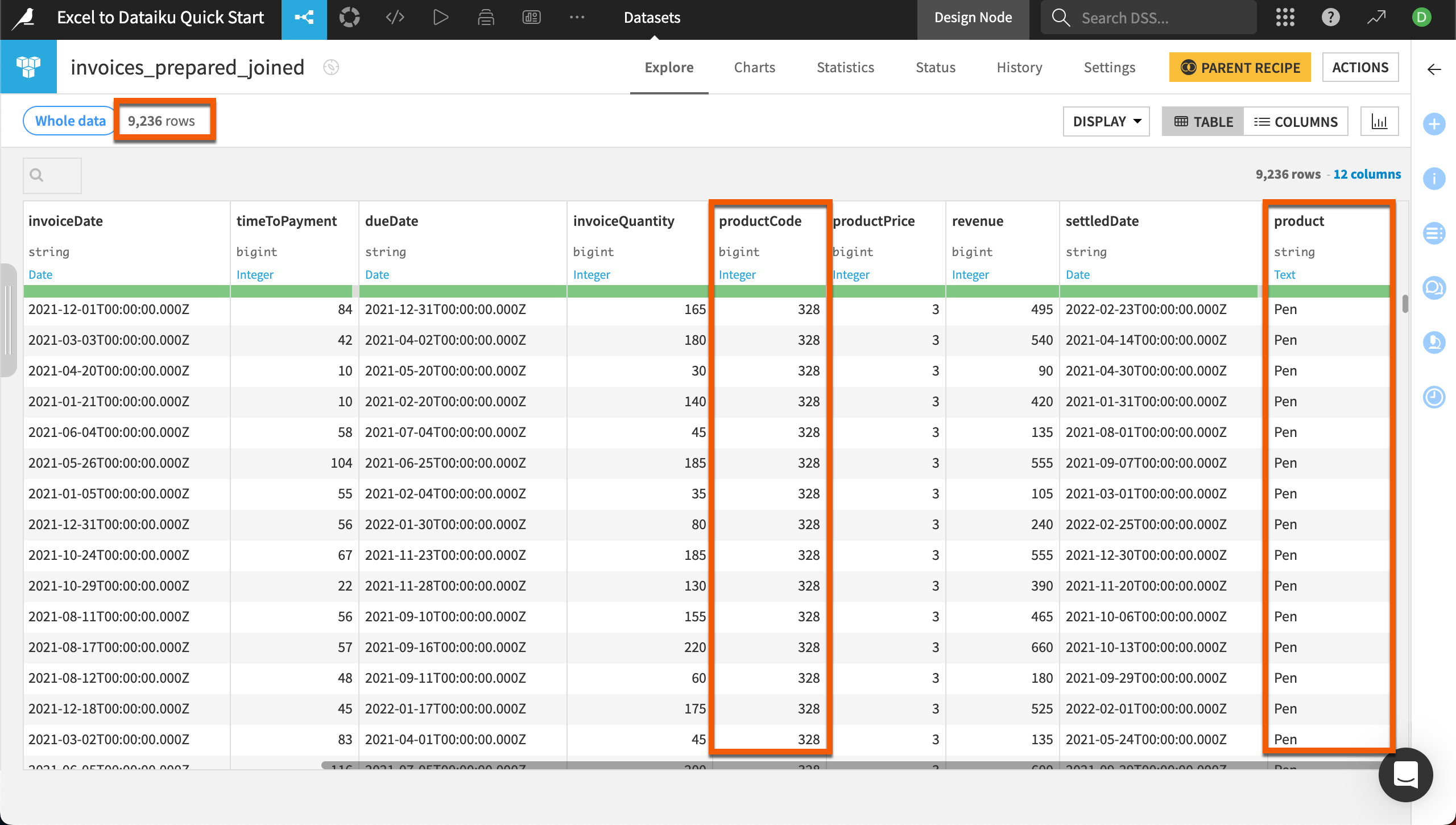 Dataiku screenshot highlighting the new column added from the join.