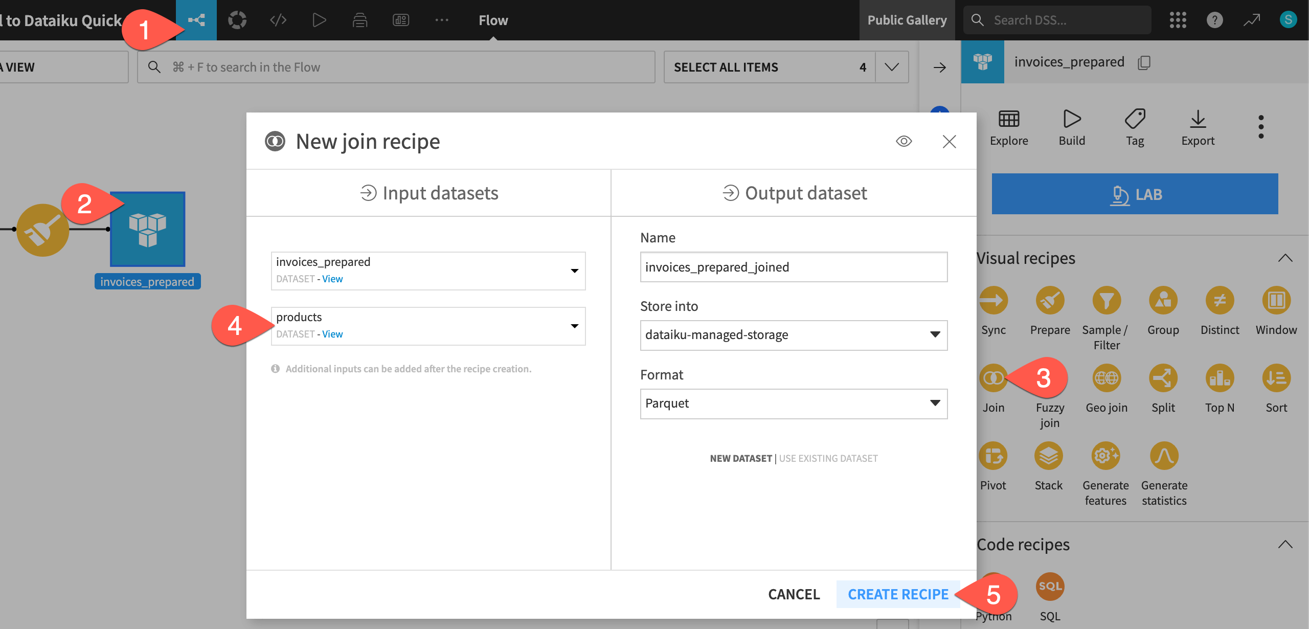 Dataiku screenshot showing steps to create a join recipe.