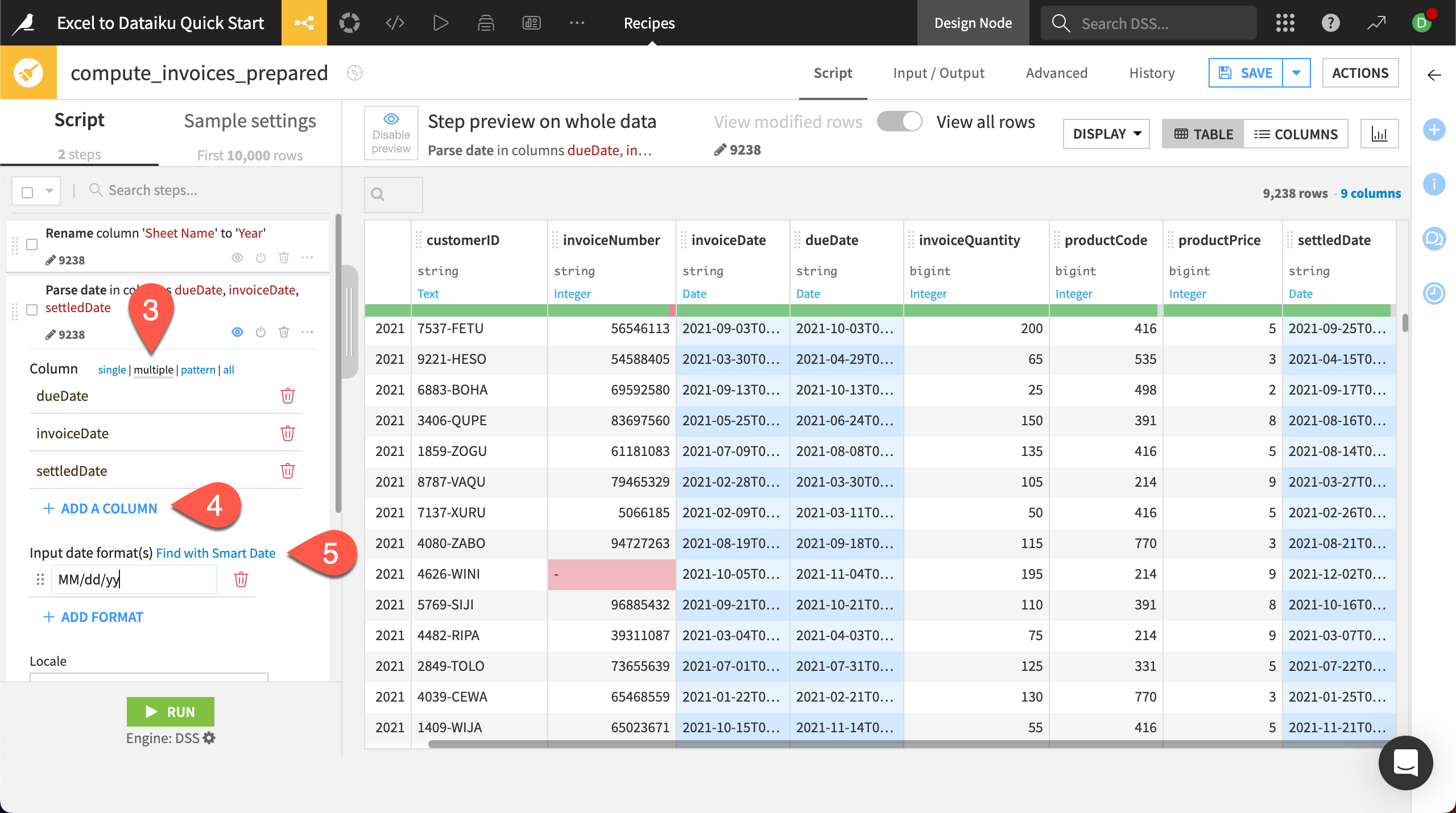 Dataiku screenshot showing steps for the parse date processor.