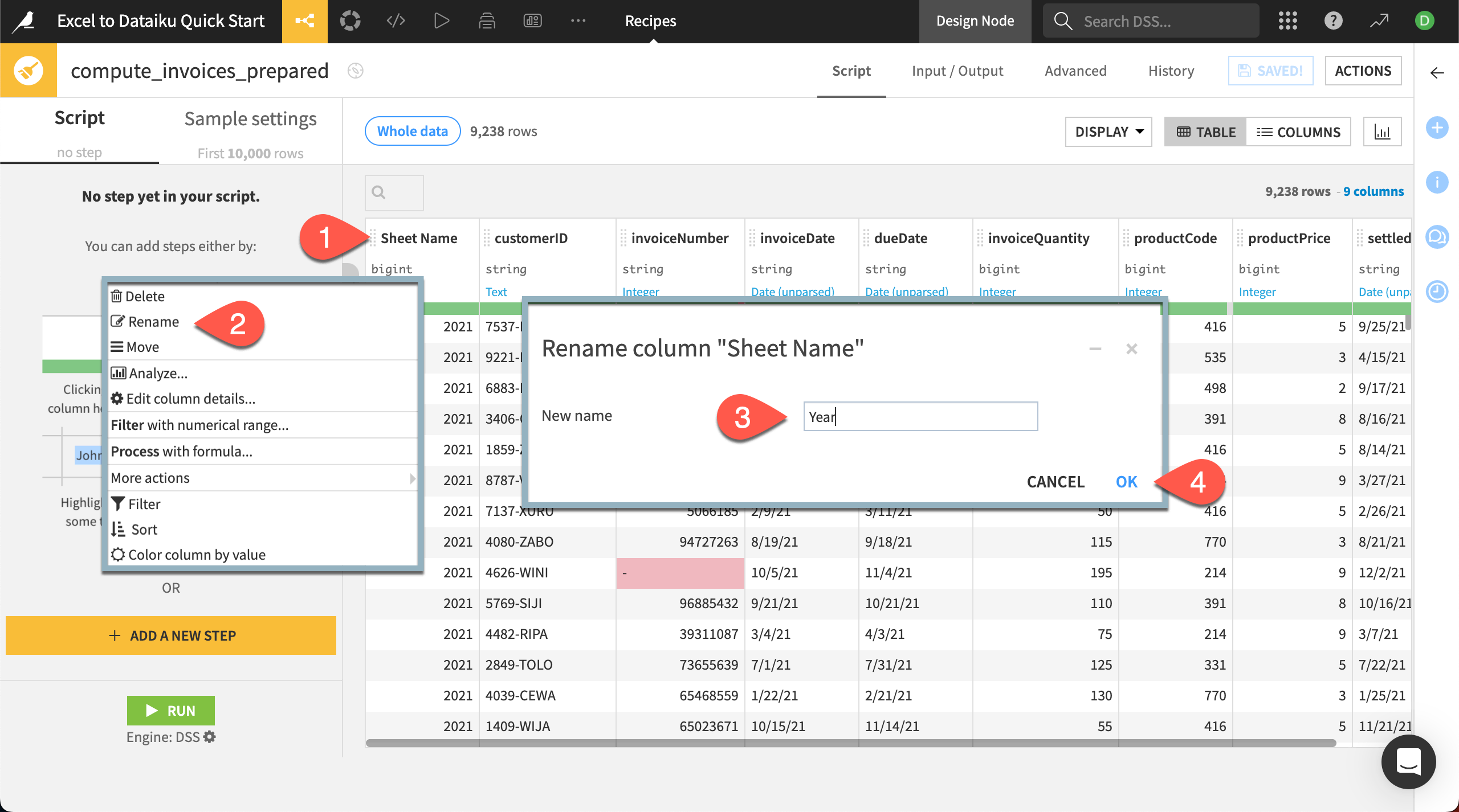 Dataiku screenshot showing the steps to rename a column.