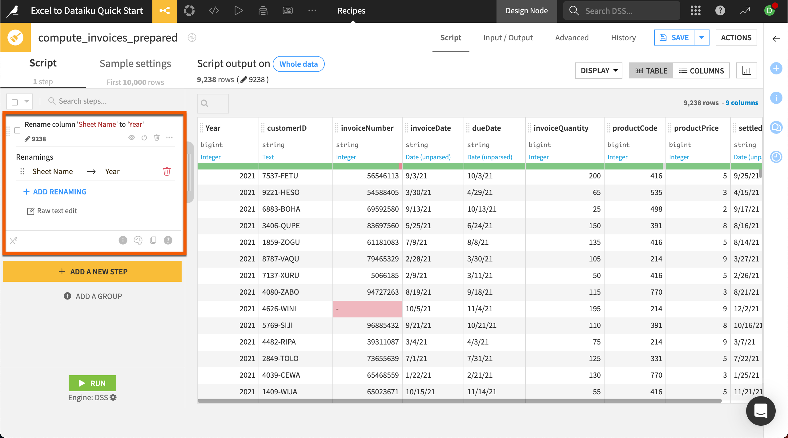 Dataiku screenshot showing the Rename step in the Prepare recipe.