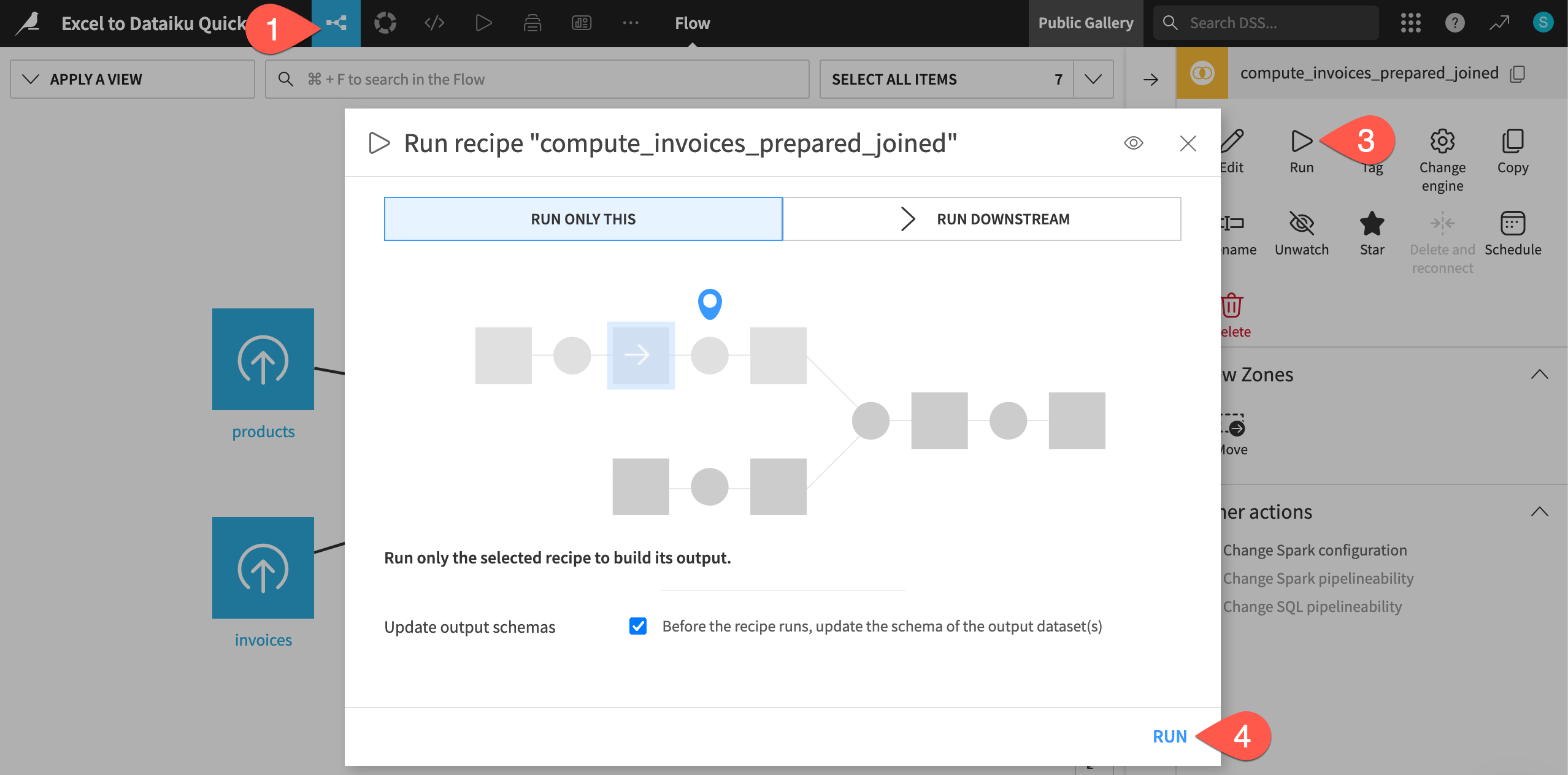 Dataiku screenshot showing how to run a recipe from the Flow.