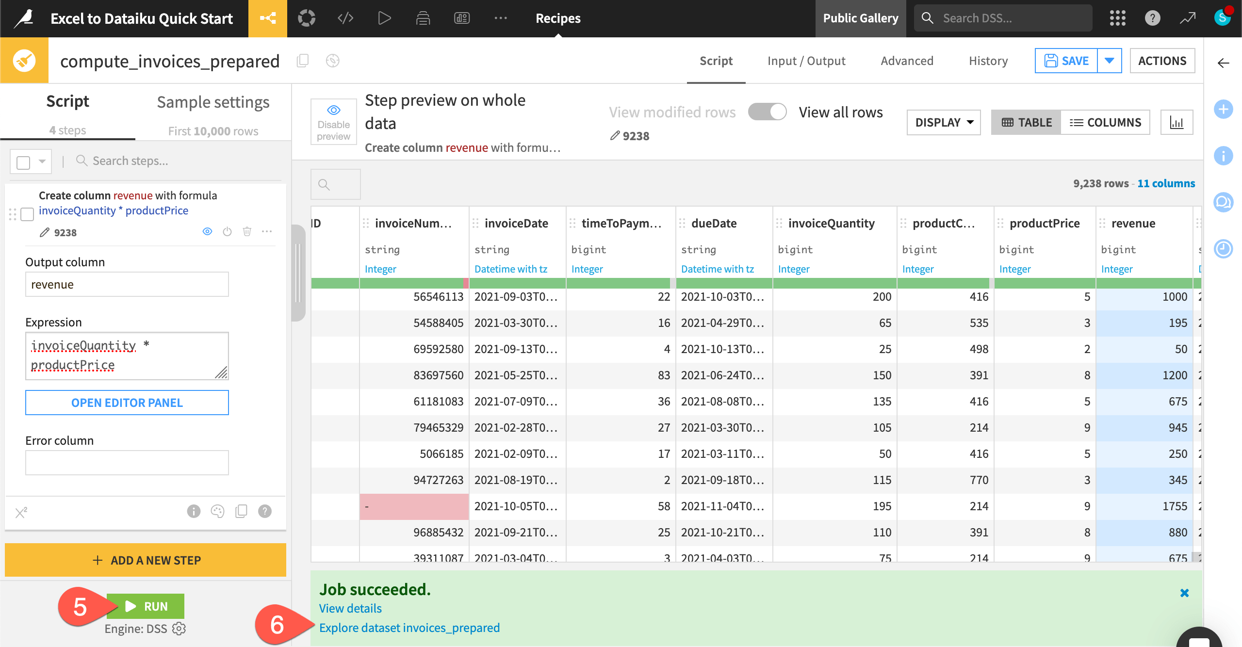 Running the Prepare recipe and viewing the output dataset.