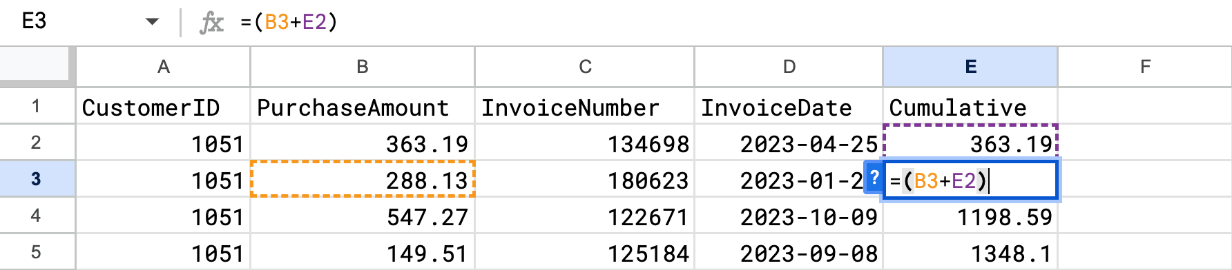 A screenshot of sheets file that shows the formula of a cell.