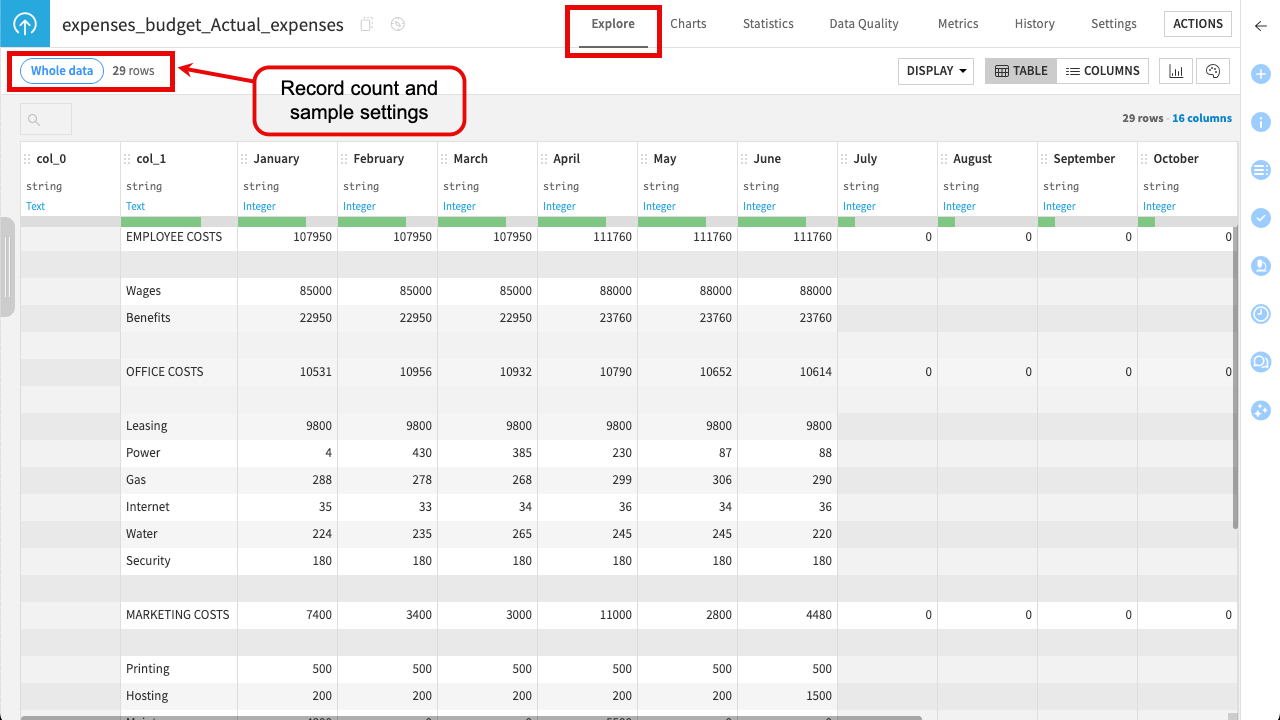 Dataiku screenshot showing the Explore tab of the raw data.