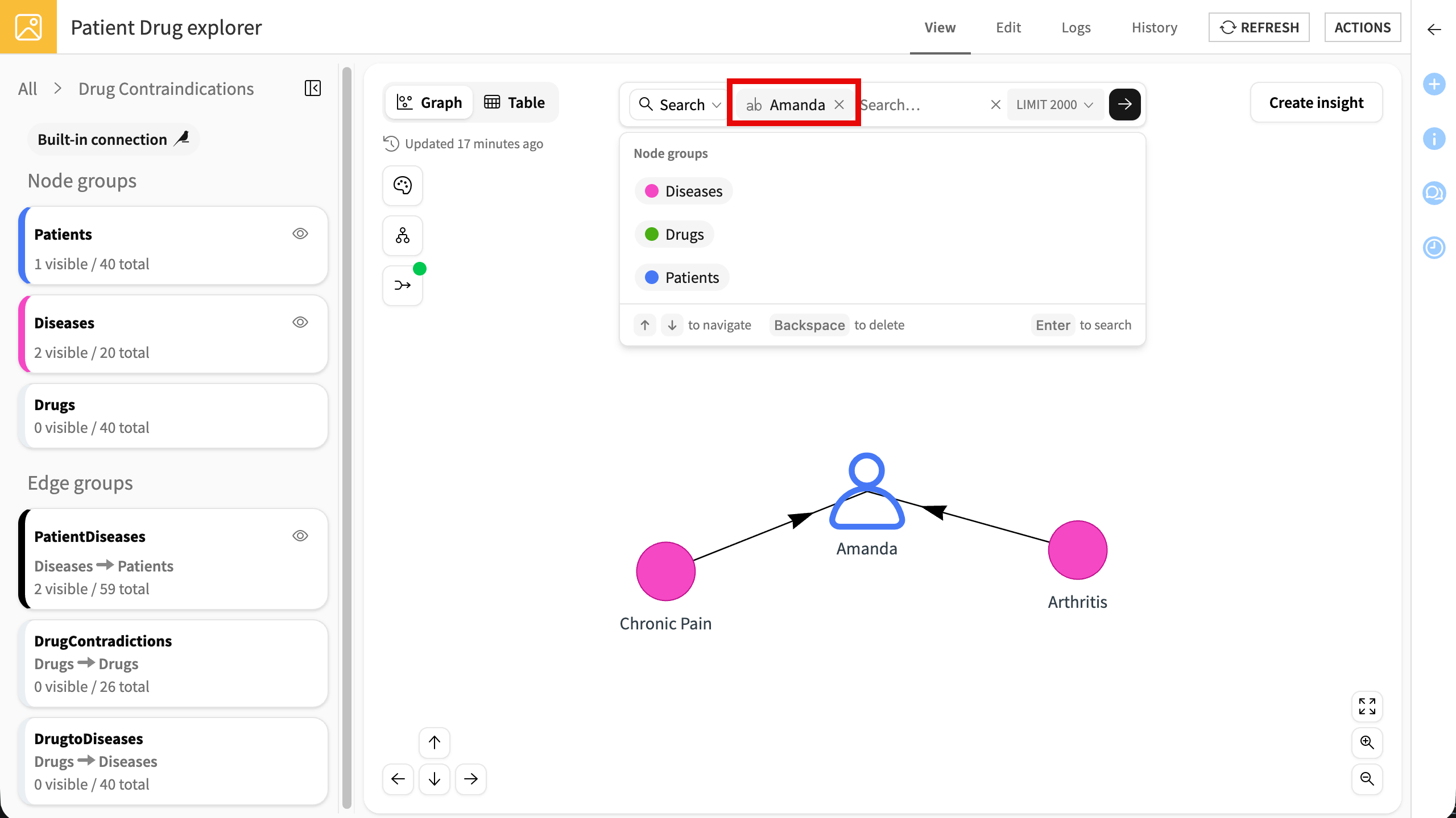 Screenshot of the explorer webapp after a keyword search for Amanda, showing the matching patient node along with its neighbors.