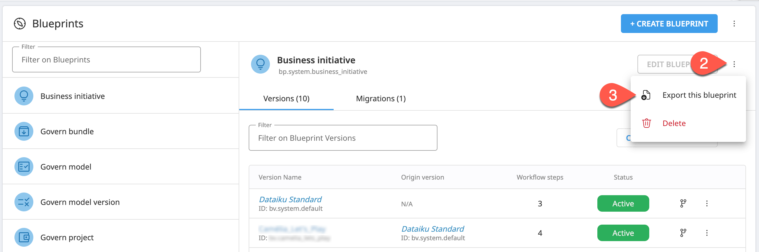 Dataiku screenshot highlighting the vertical dot menu and the export blueprint button.