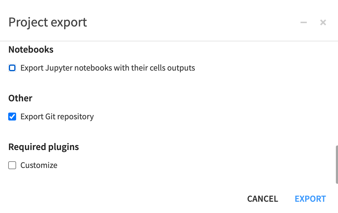 The Export Git repository checkbox in the Project export window.