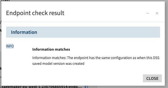 Dataiku screenshot of the result of the check endpoint dialog.