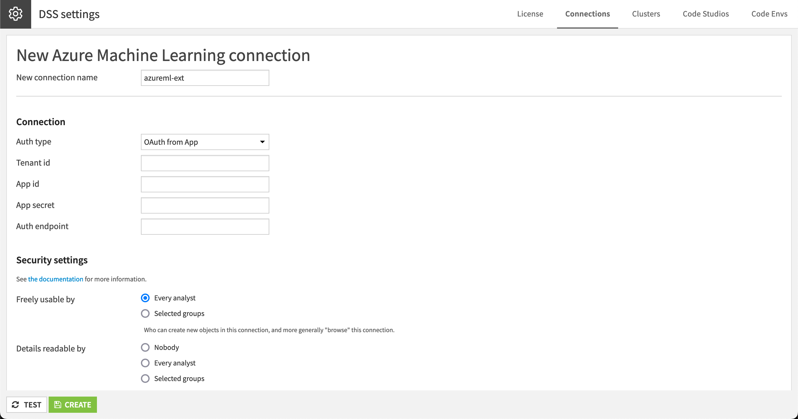 Dataiku screenshot of an Azure ML connection.