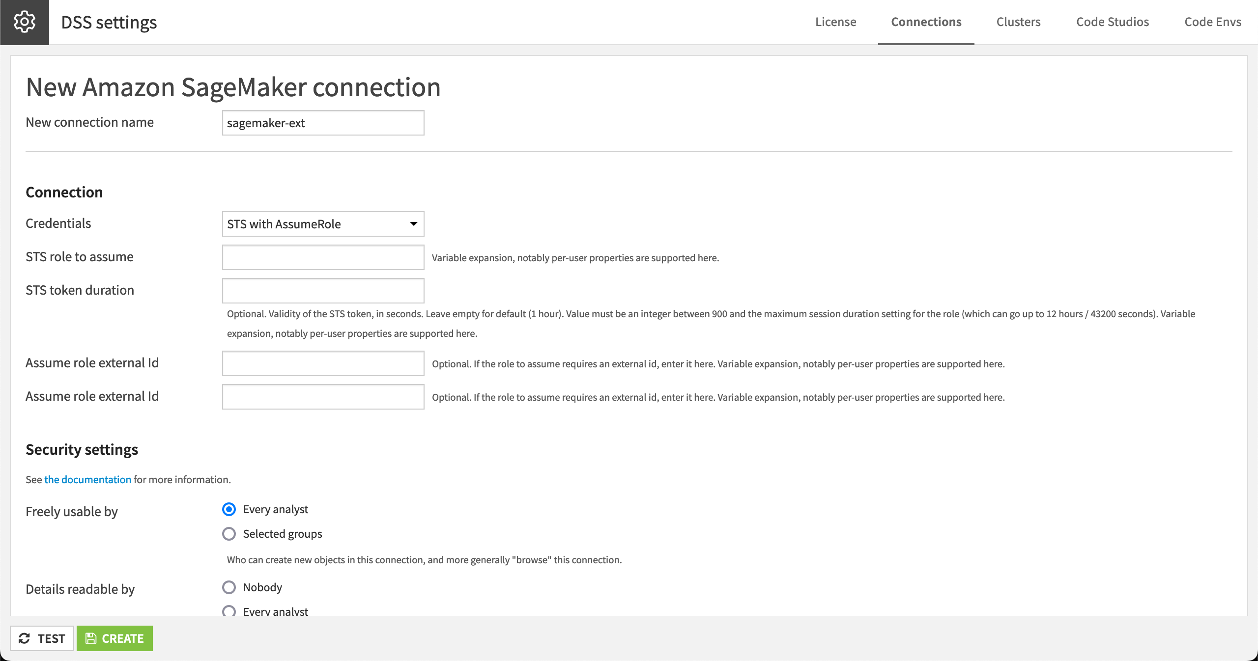 Dataiku screenshot of an Amazon SageMaker connection.