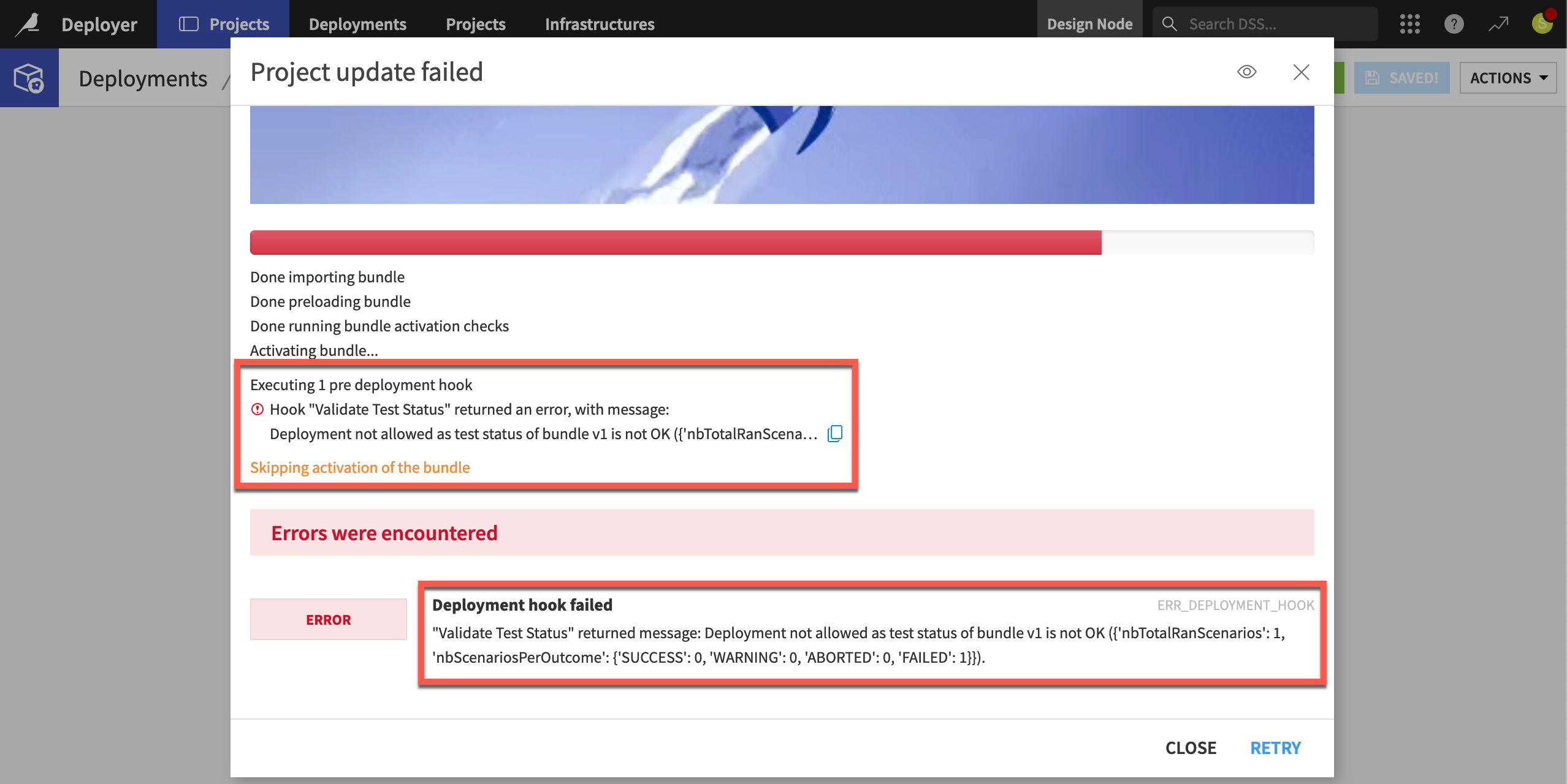 Dataiku screenshot of a failed deployment message.