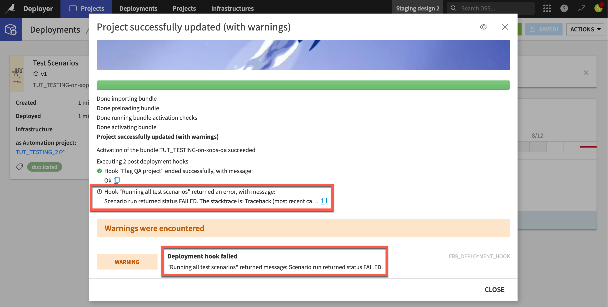 Dataiku screenshot of a failed post deployment hook.