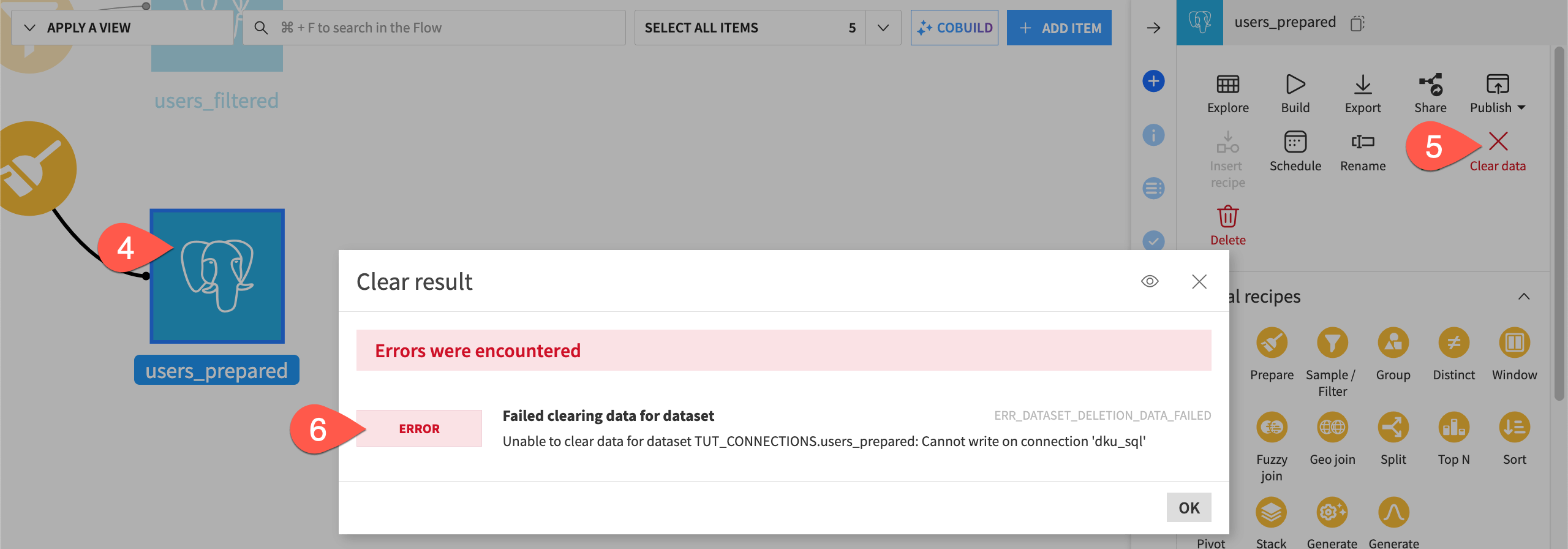 Dataiku screenshot of an error to clear the data.