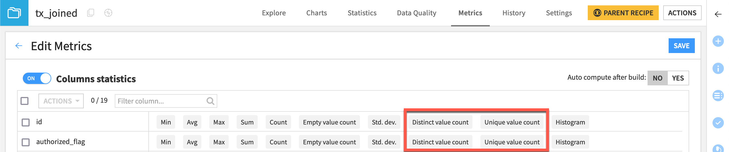 Dataiku screenshot of the column statistics section of the metrics for a dataset.