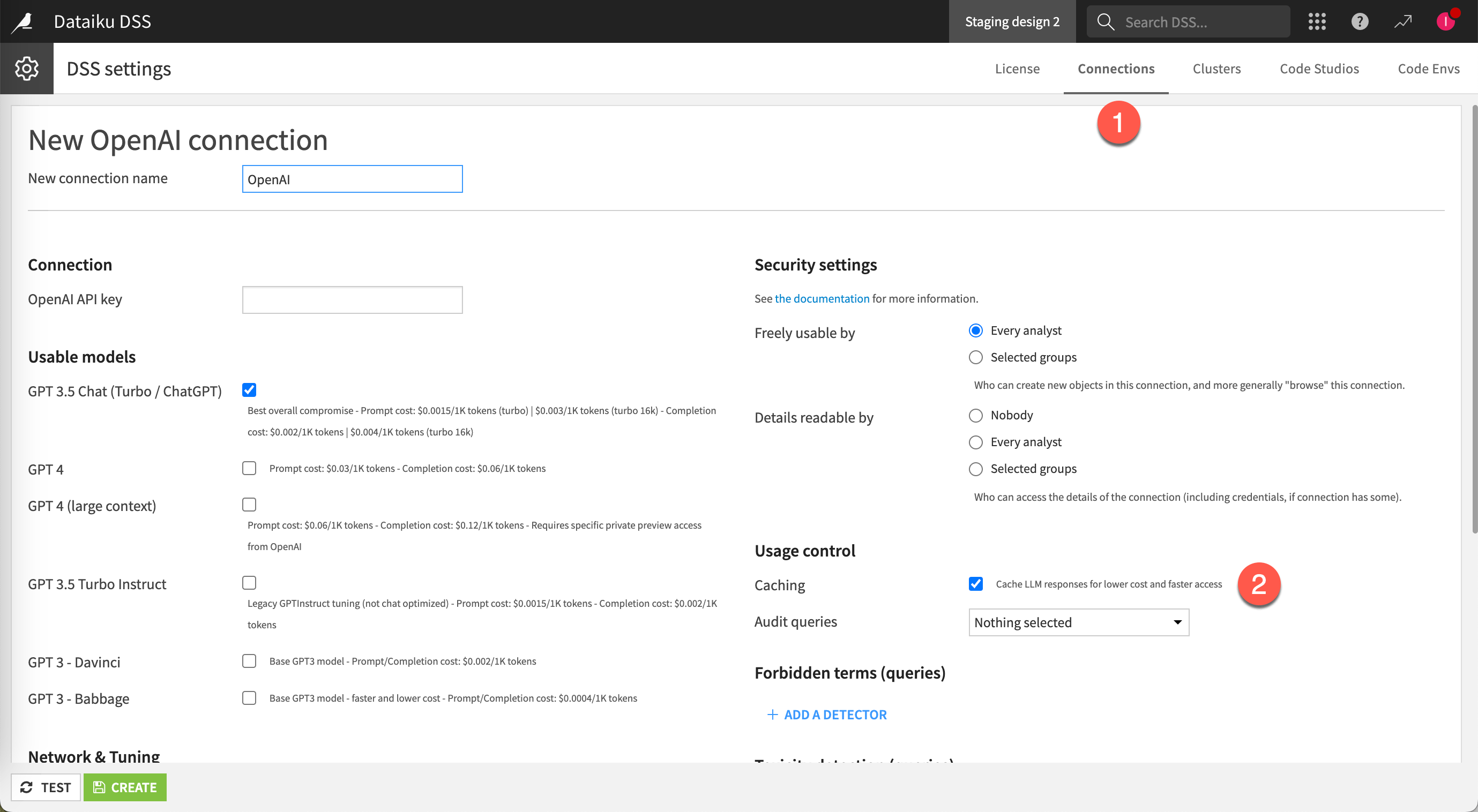 Screenshot of the cache settings in LLM connections.