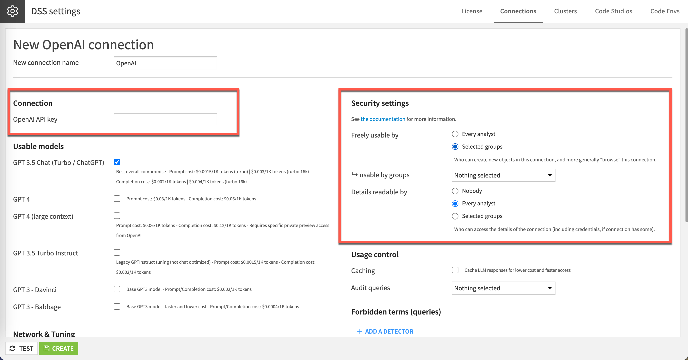 Screenshot of the security settings for an LLM connection.