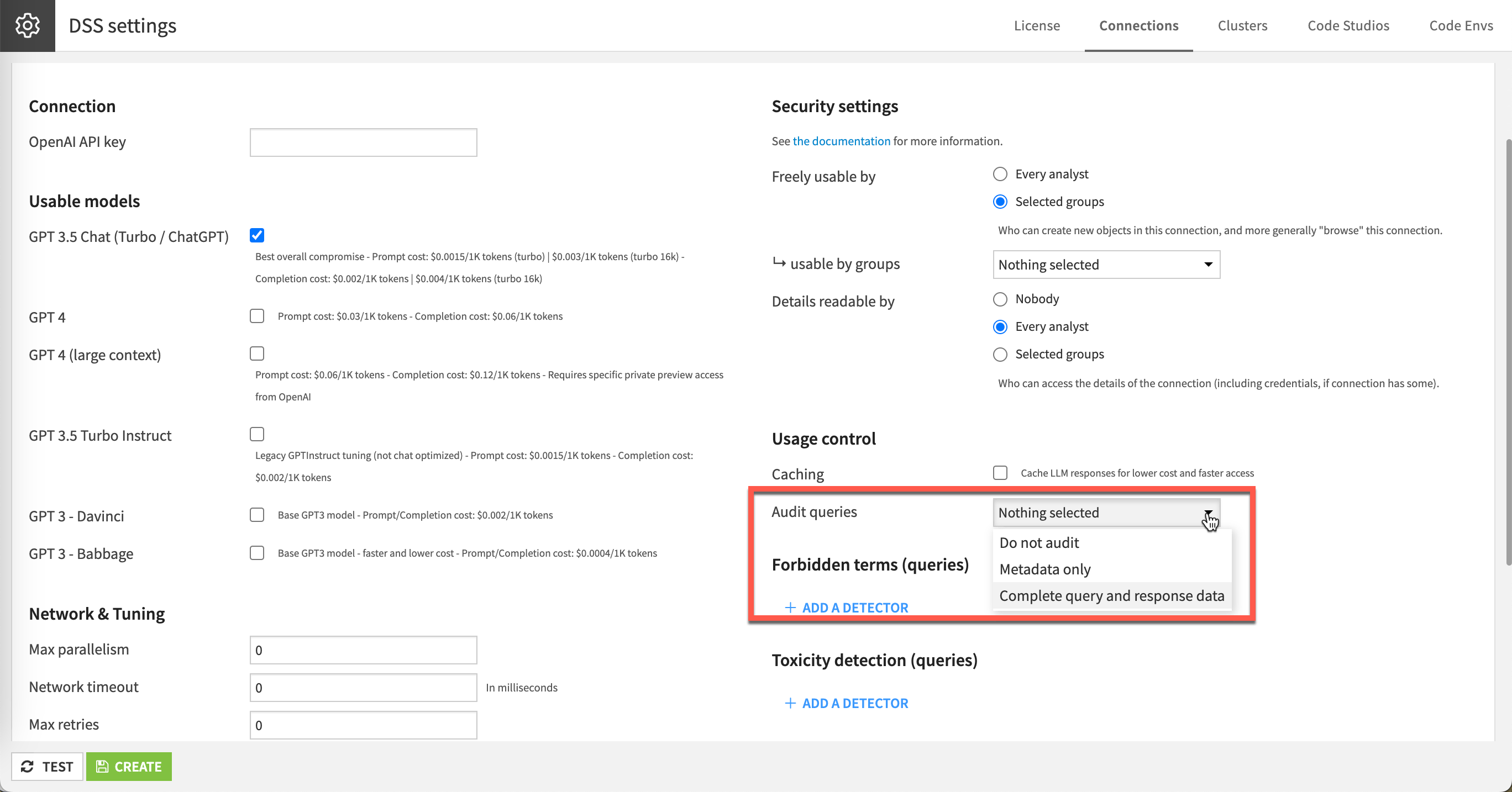 Screenshot of the audit settings in LLM connections.