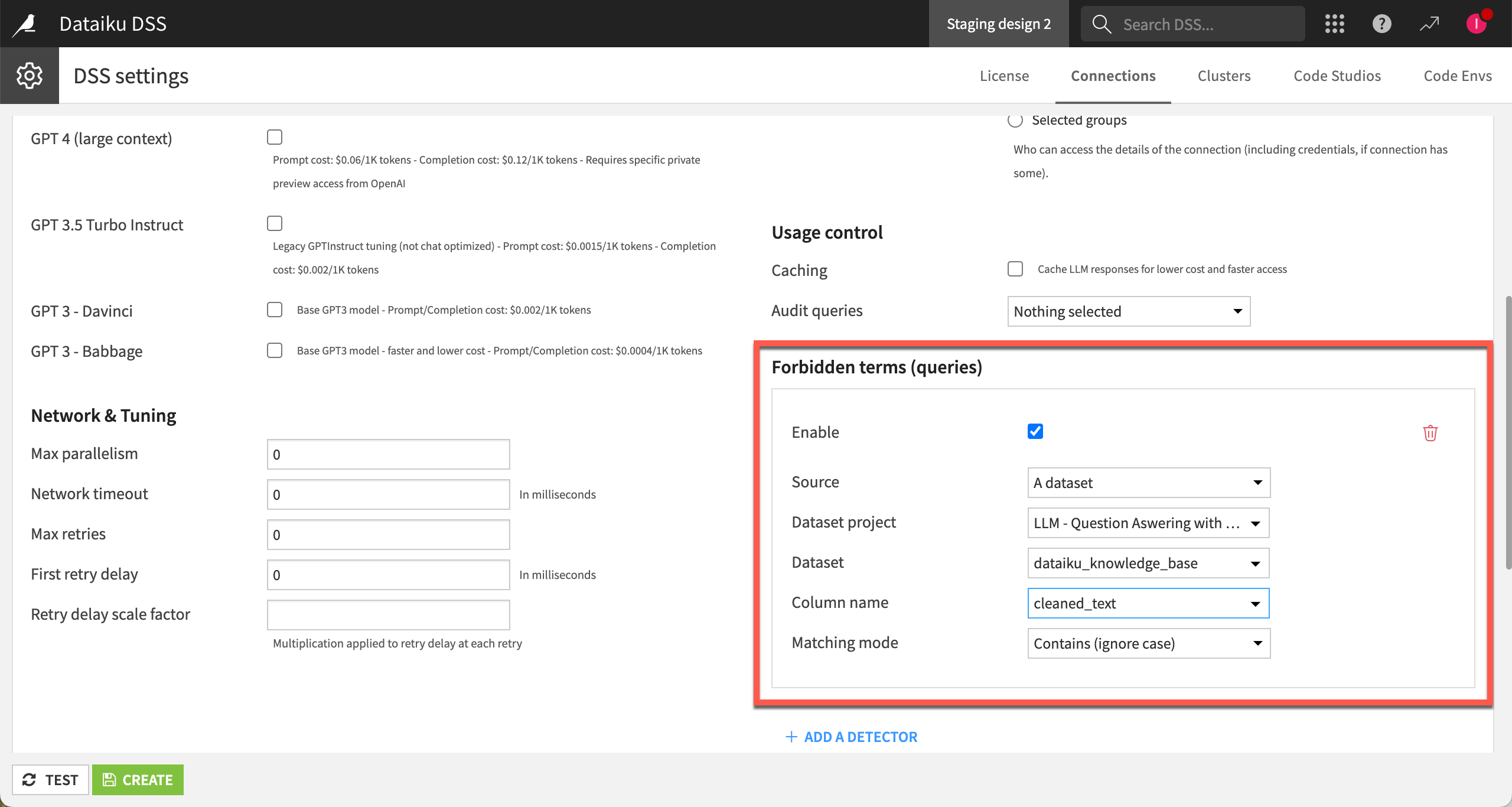 Screenshot of the Forbidden terms settings in LLM connections.