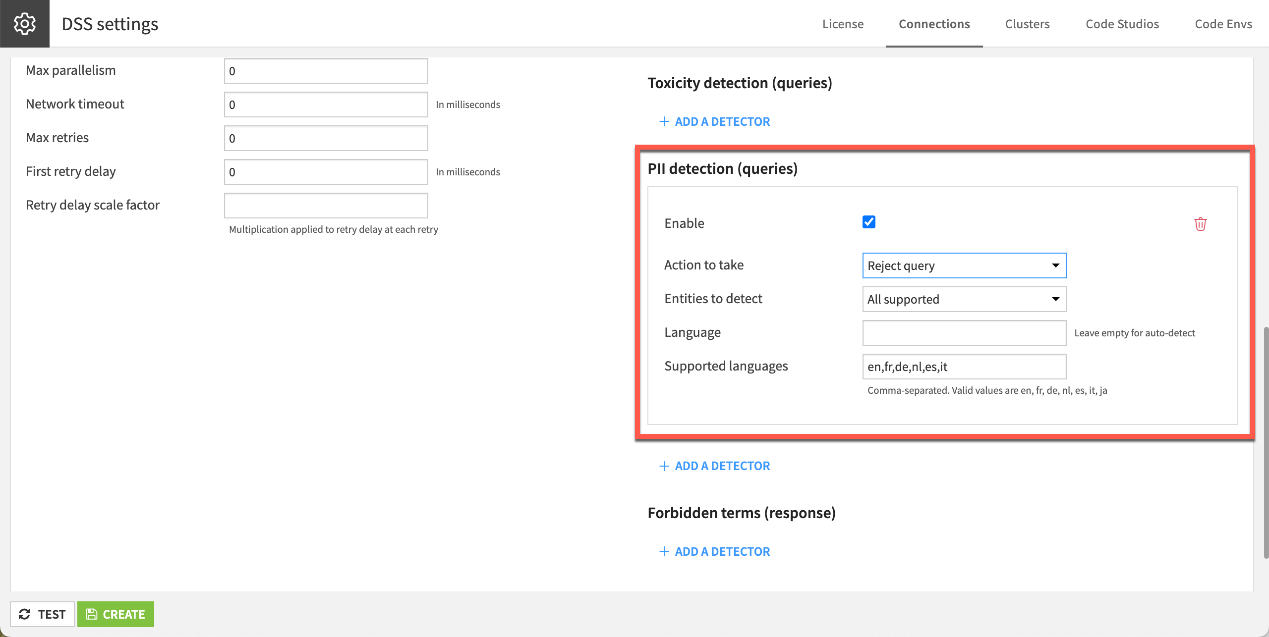 Screenshot of the PII detection settings in LLM connections.