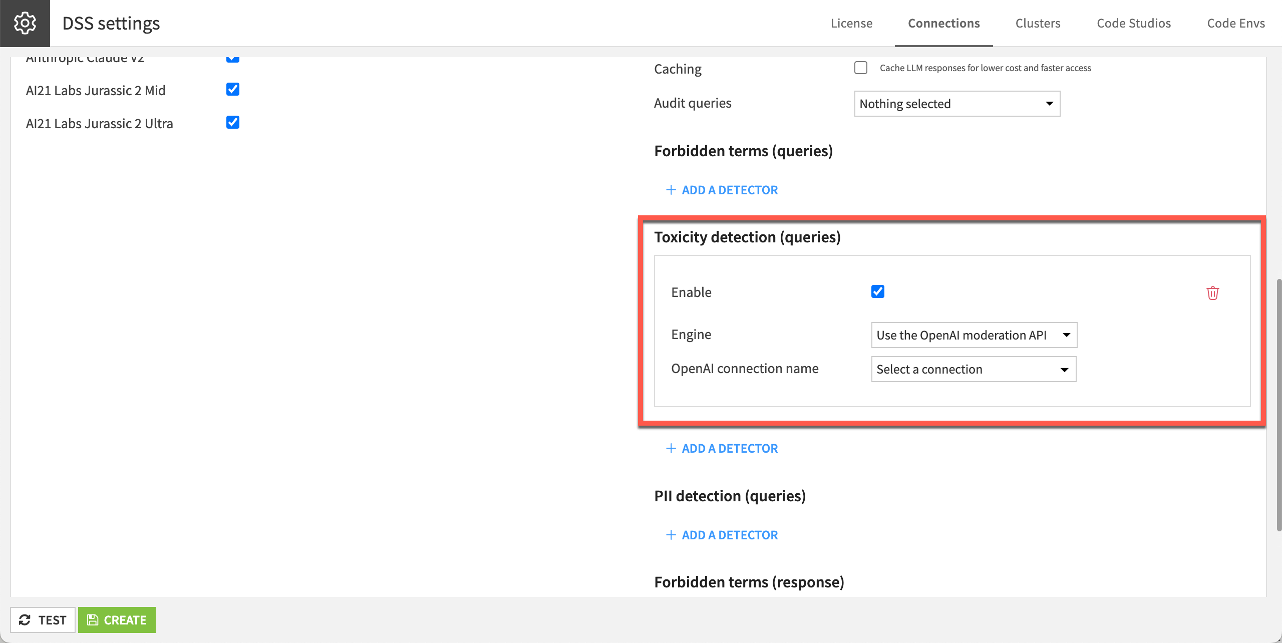 Screenshot of the toxic detection settings in LLM connections.