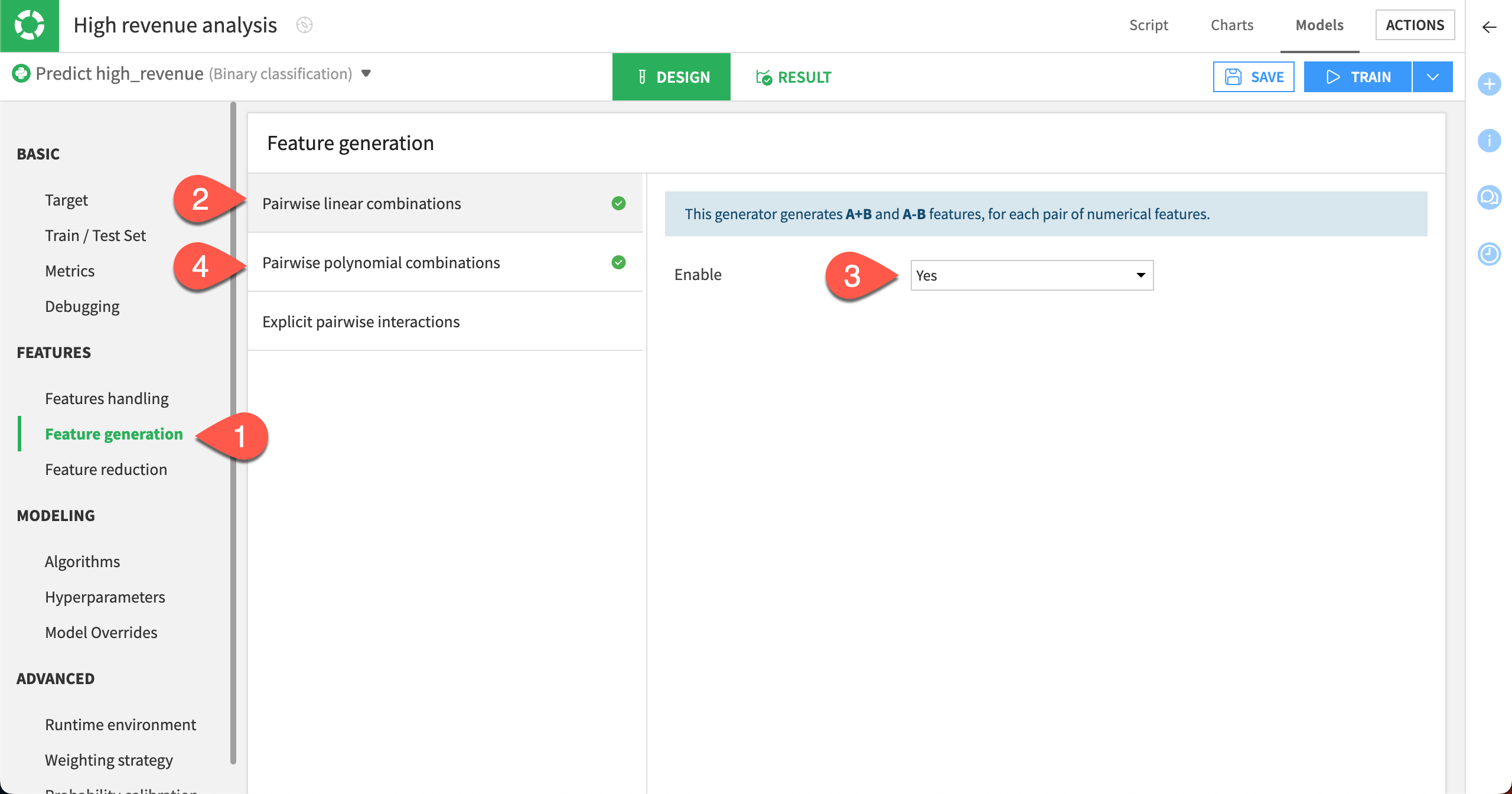 Feature generation in the Design tab of a visual analysis.