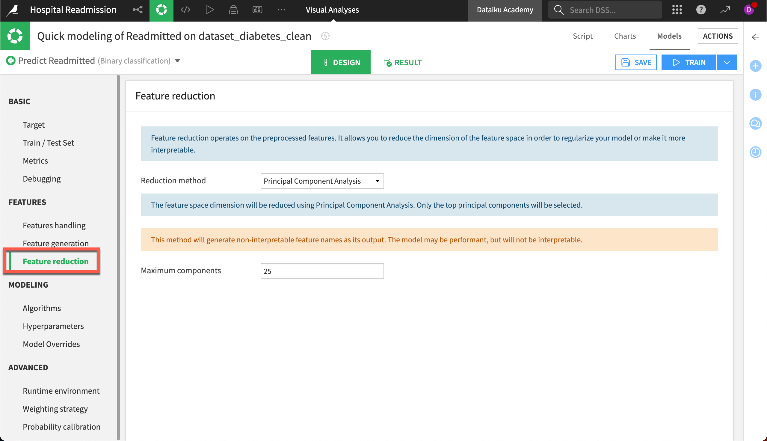 Feature reduction settings.