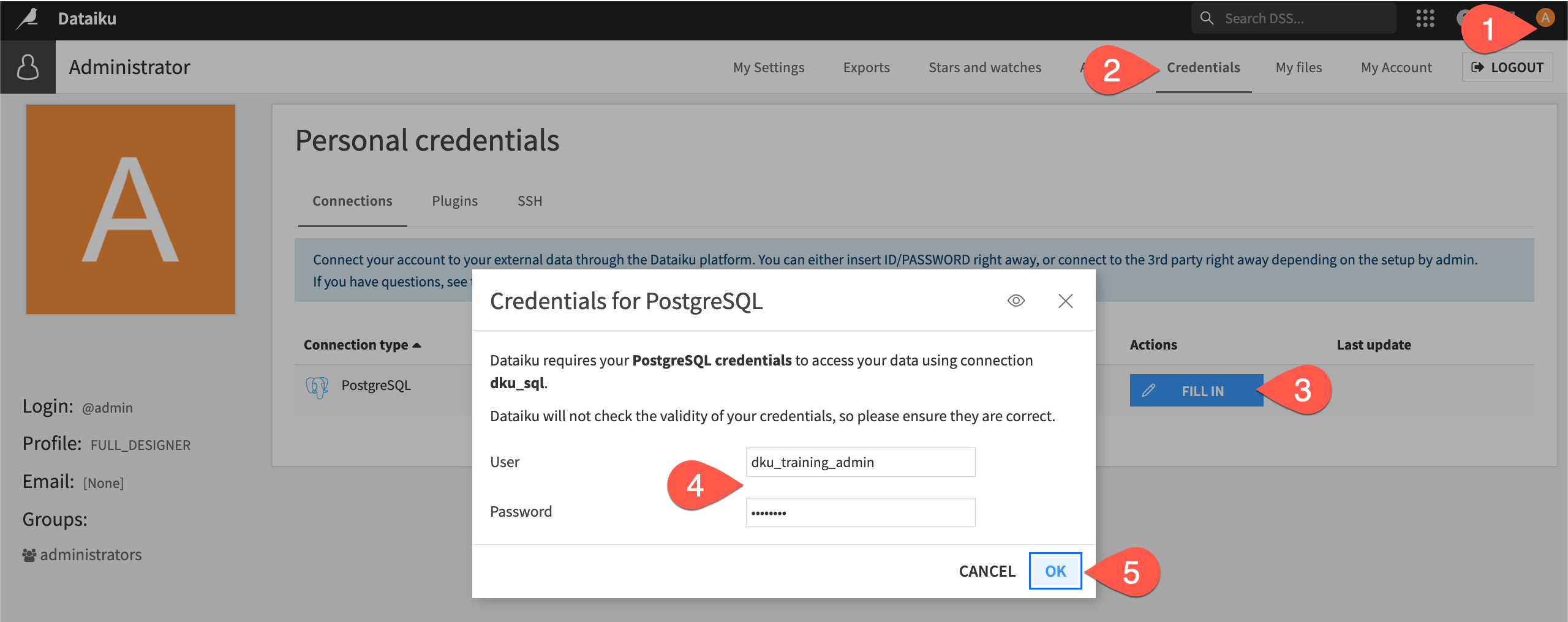 Dataiku screenshot of the dialog to submit credentials for a connection.