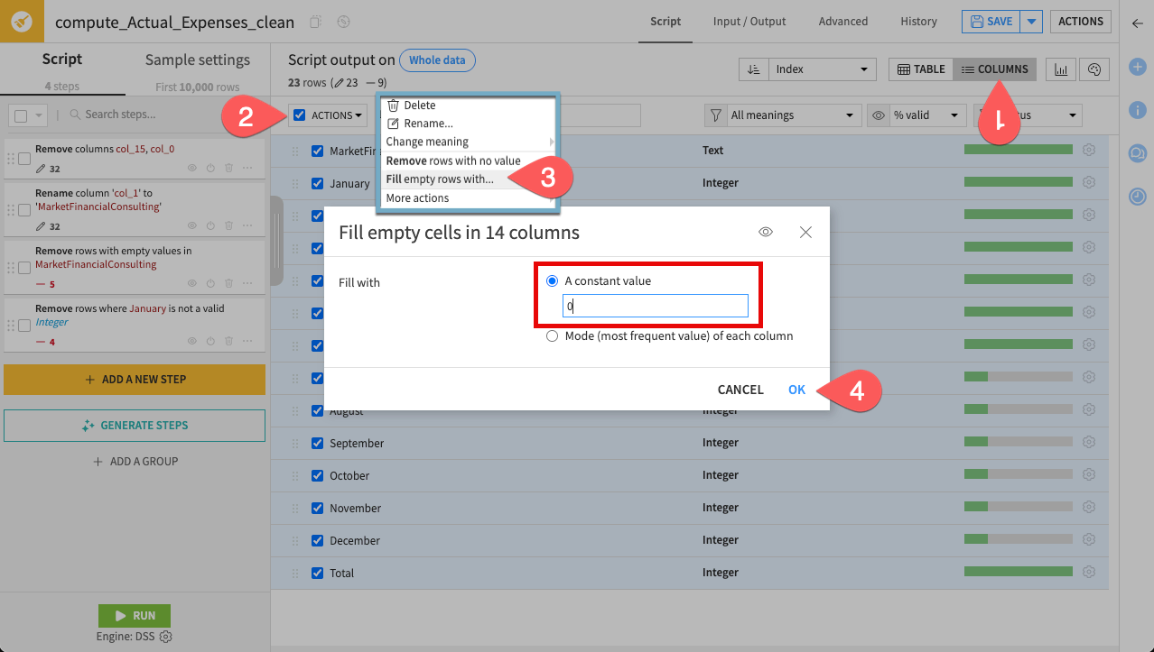Dataiku screenshot showing how to fill empty cells with 0.