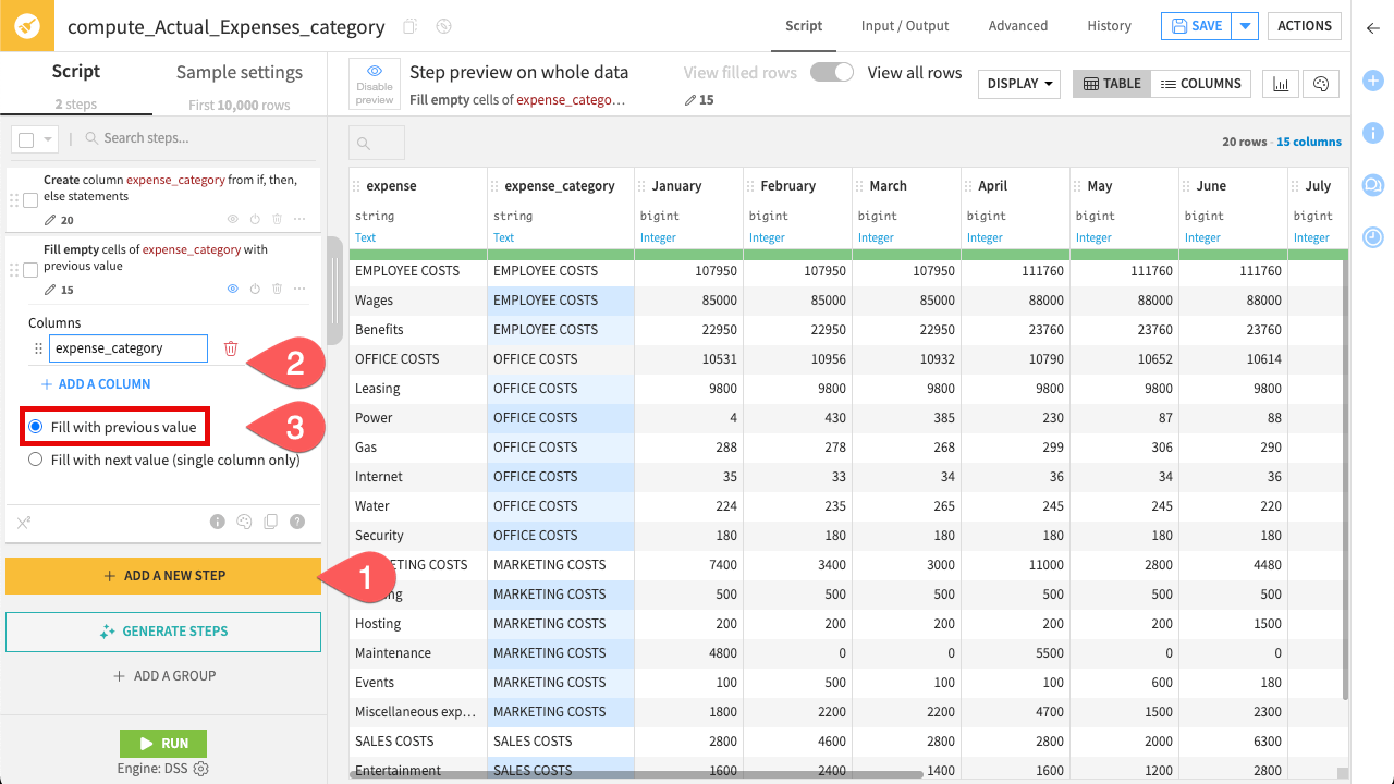 Dataiku screenshot showing the processor "Fill empty cells with previous/next value".