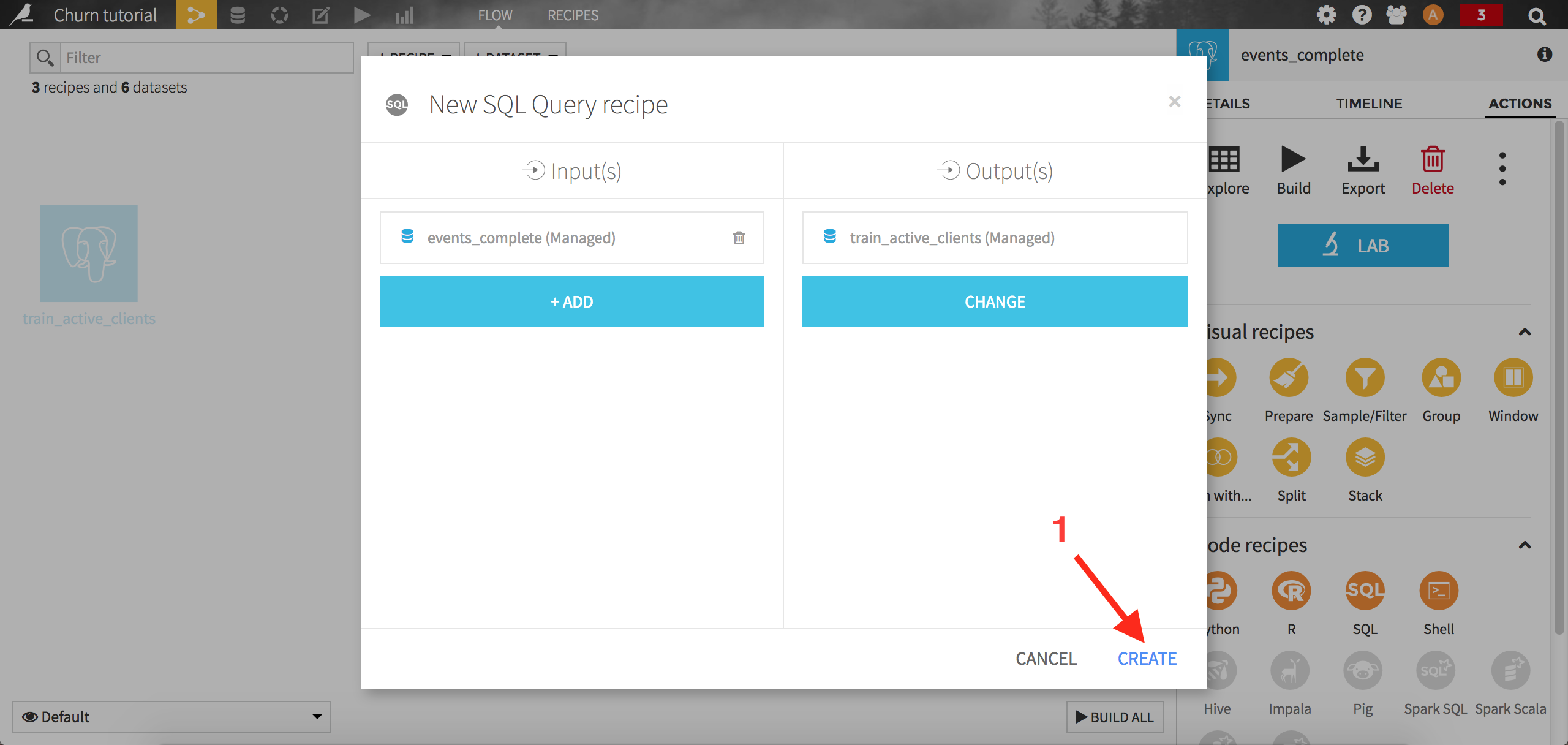 "Screenshot of pop up: New SQL Query recipe with arrow on create"