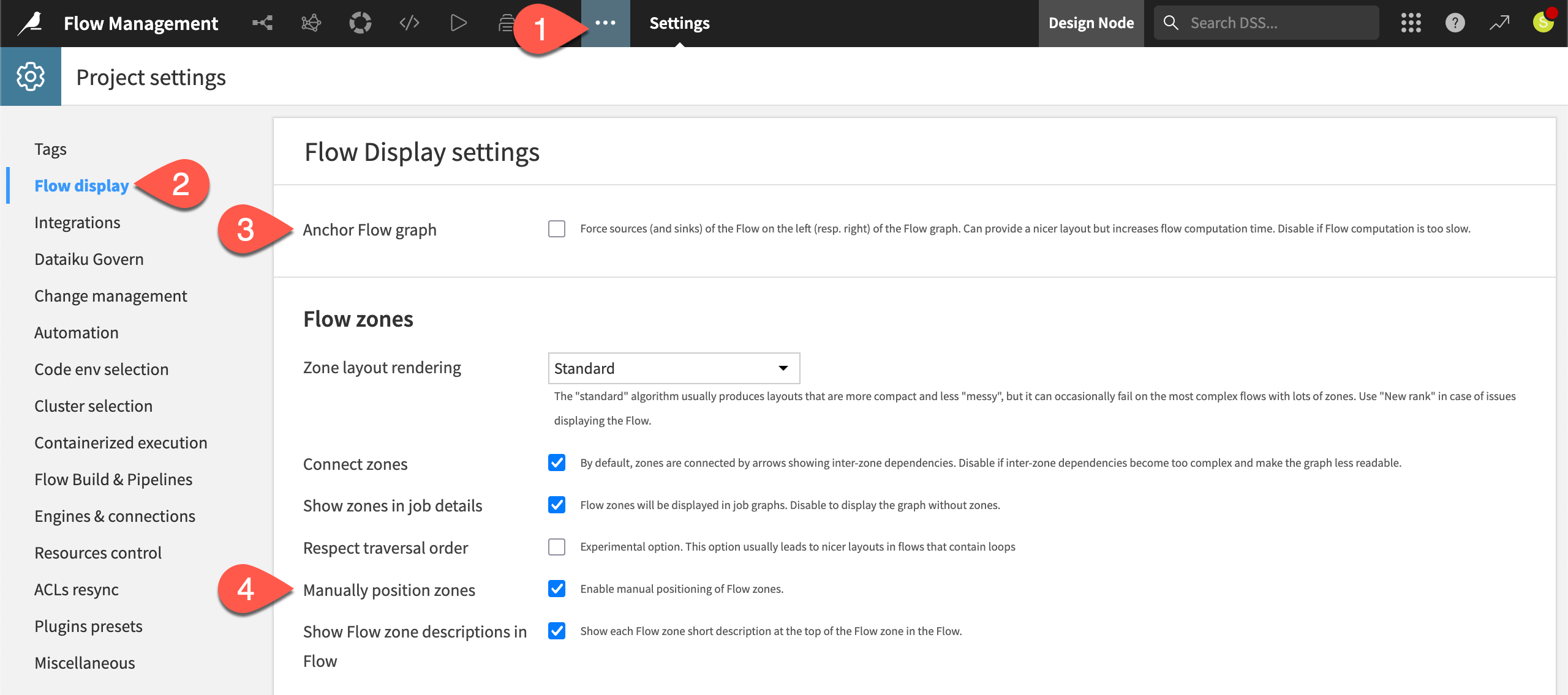 Dataiku screenshot of the Flow display settings menu.