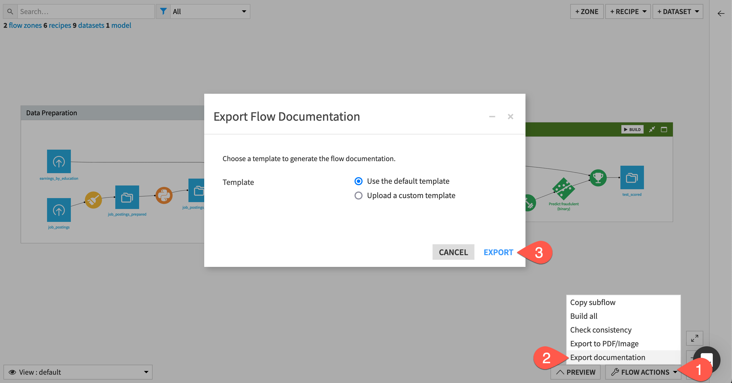 Export flow documentation from the Flow Actions menu in the Flow.