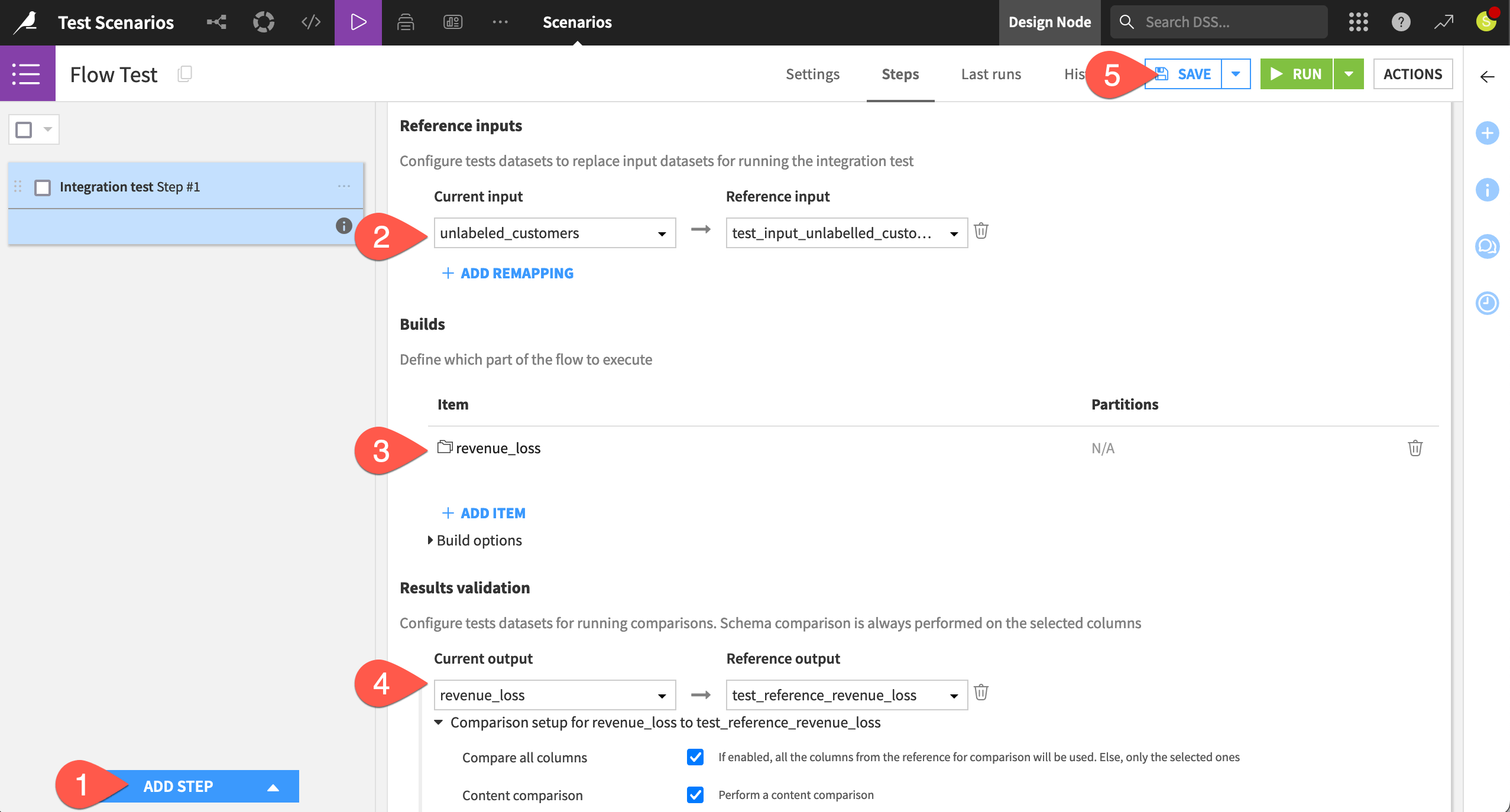 Dataiku screenshot of a Flow test step in a scenario.