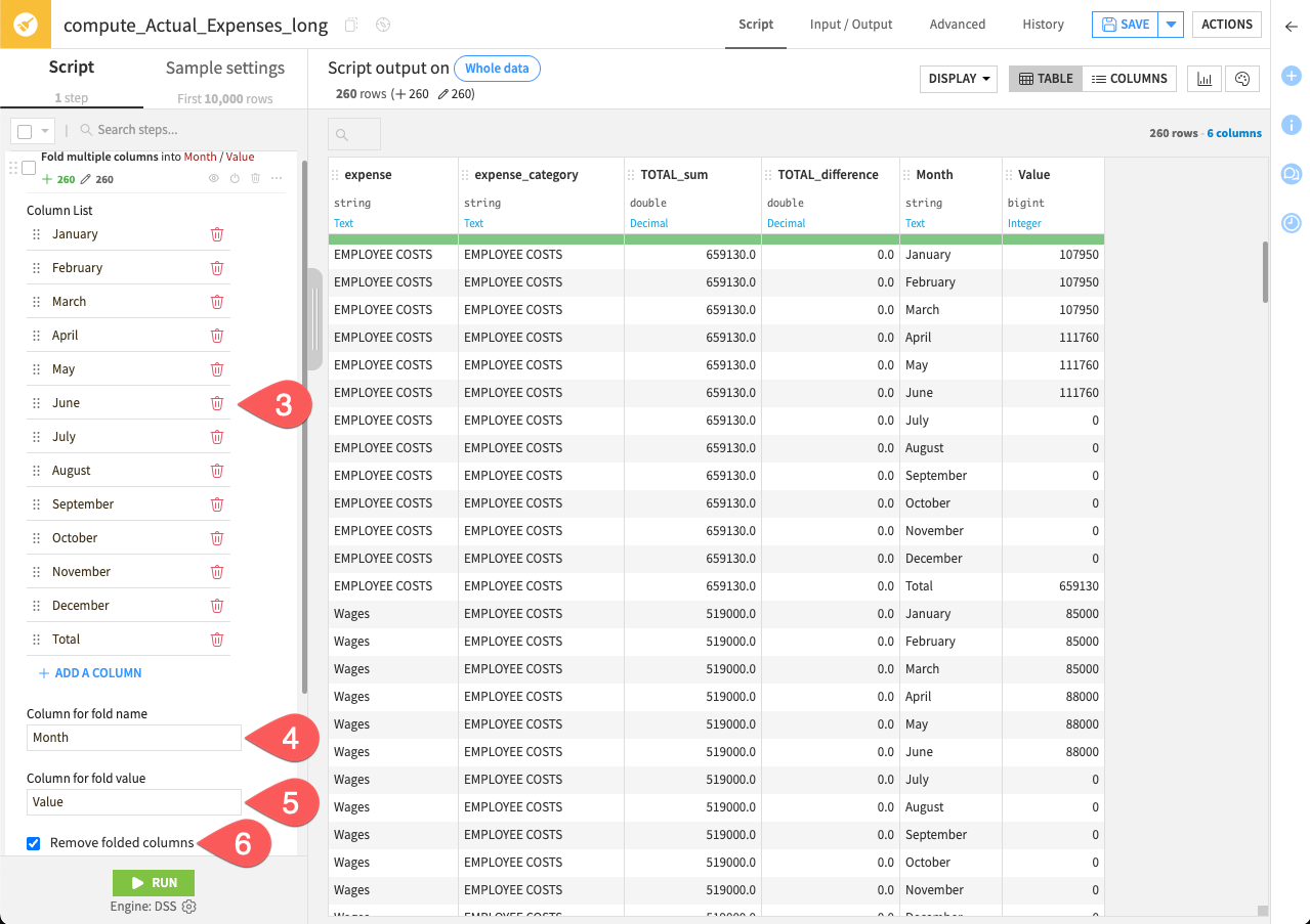 Dataiku screenshot showing the Fold processor configuration.
