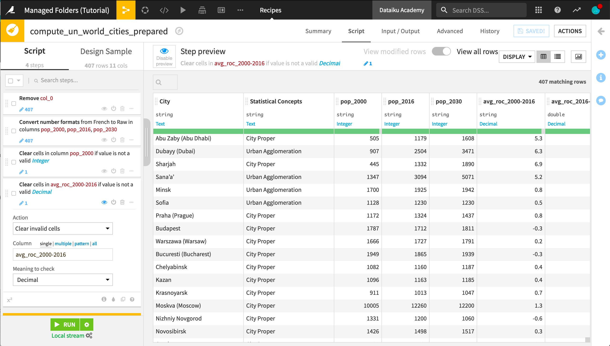 Dataiku screenshot of the Prepare recipe needed to clean the data extracted from the PDF.