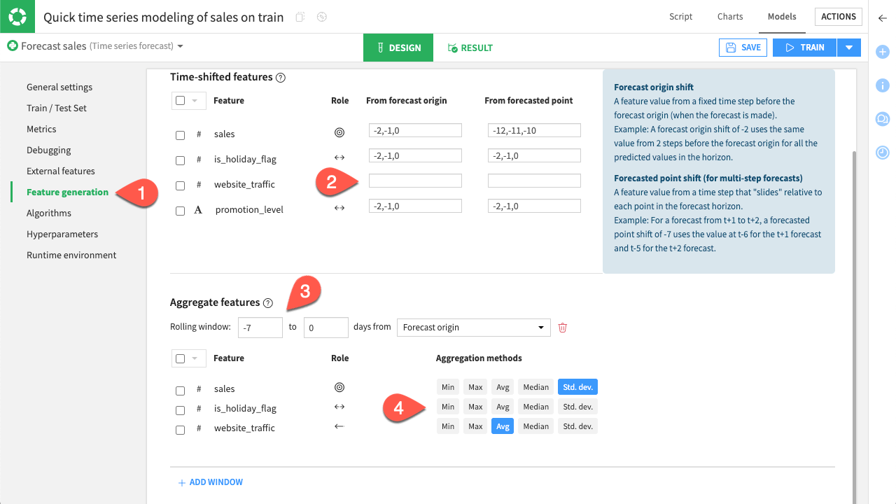 Dataiku screenshot of the external feature settings of a time series model design.