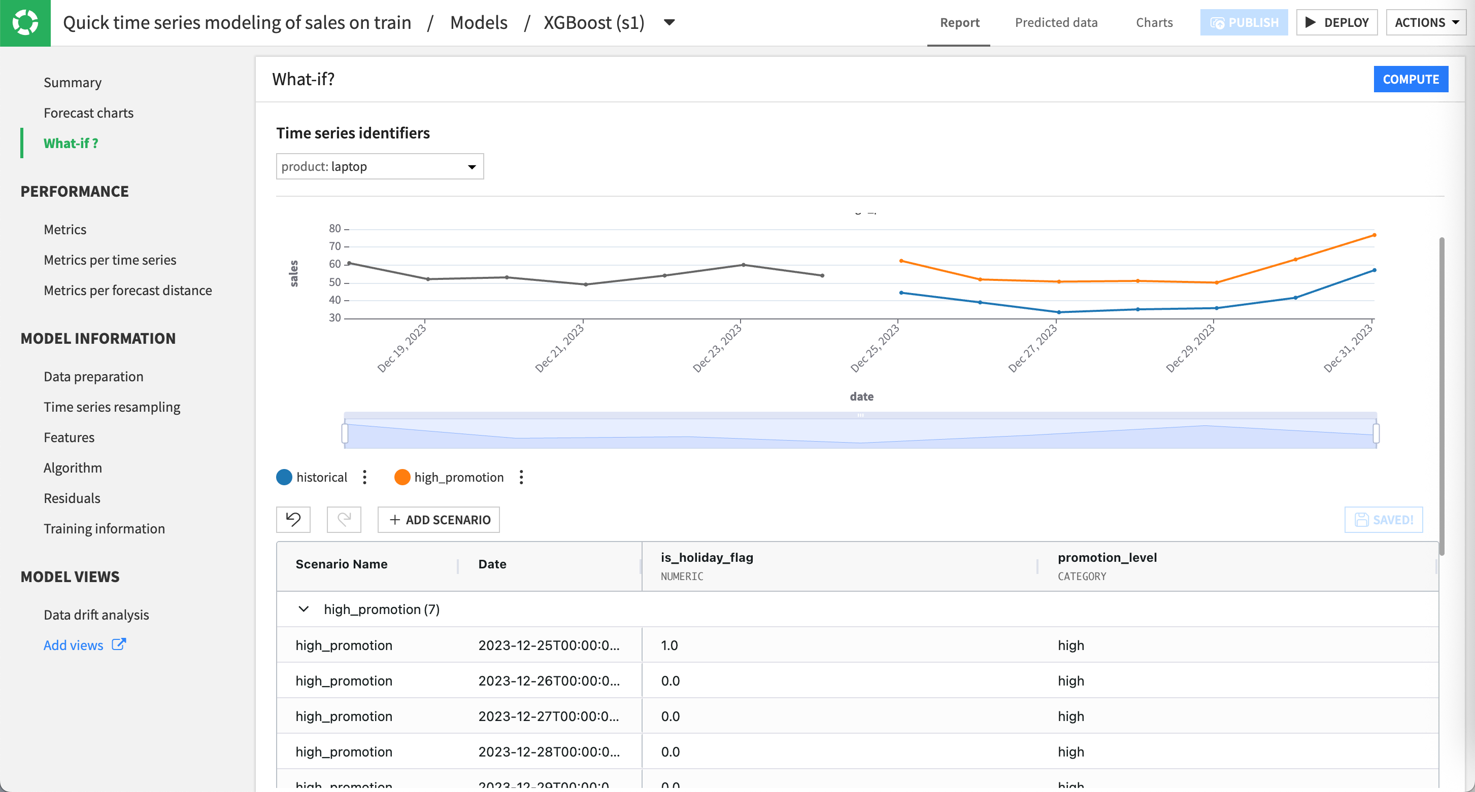 Dataiku screenshot of a different scenarios compared.