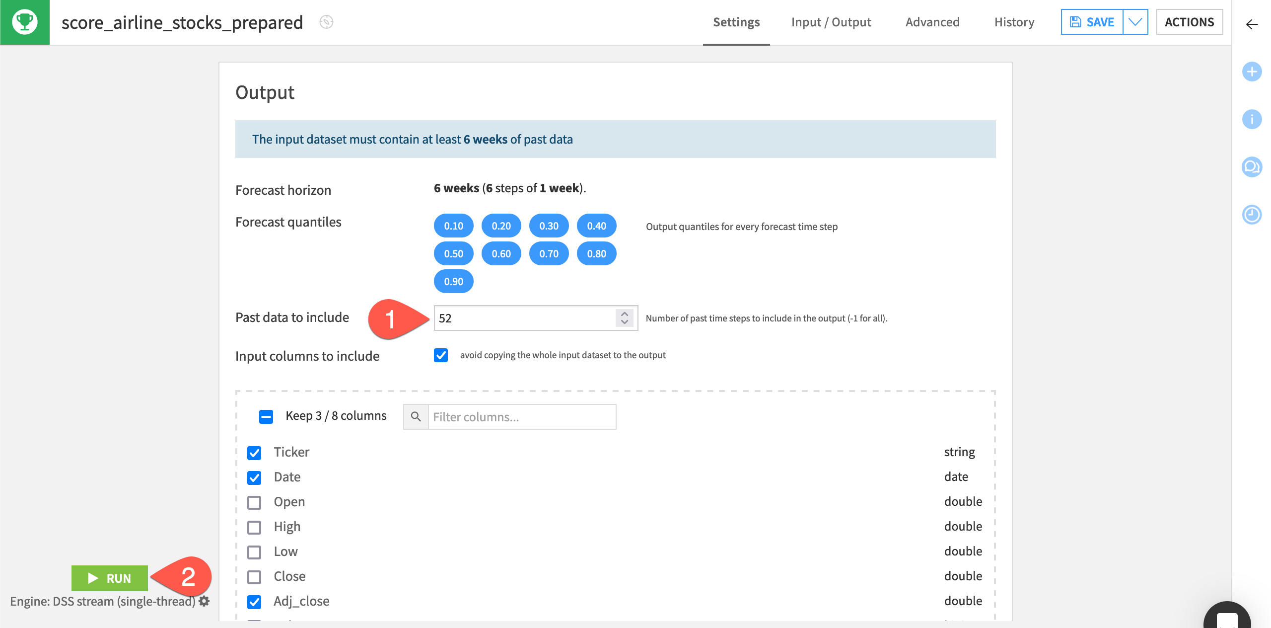 Dataiku screenshot of the settings tab of a Score recipe.